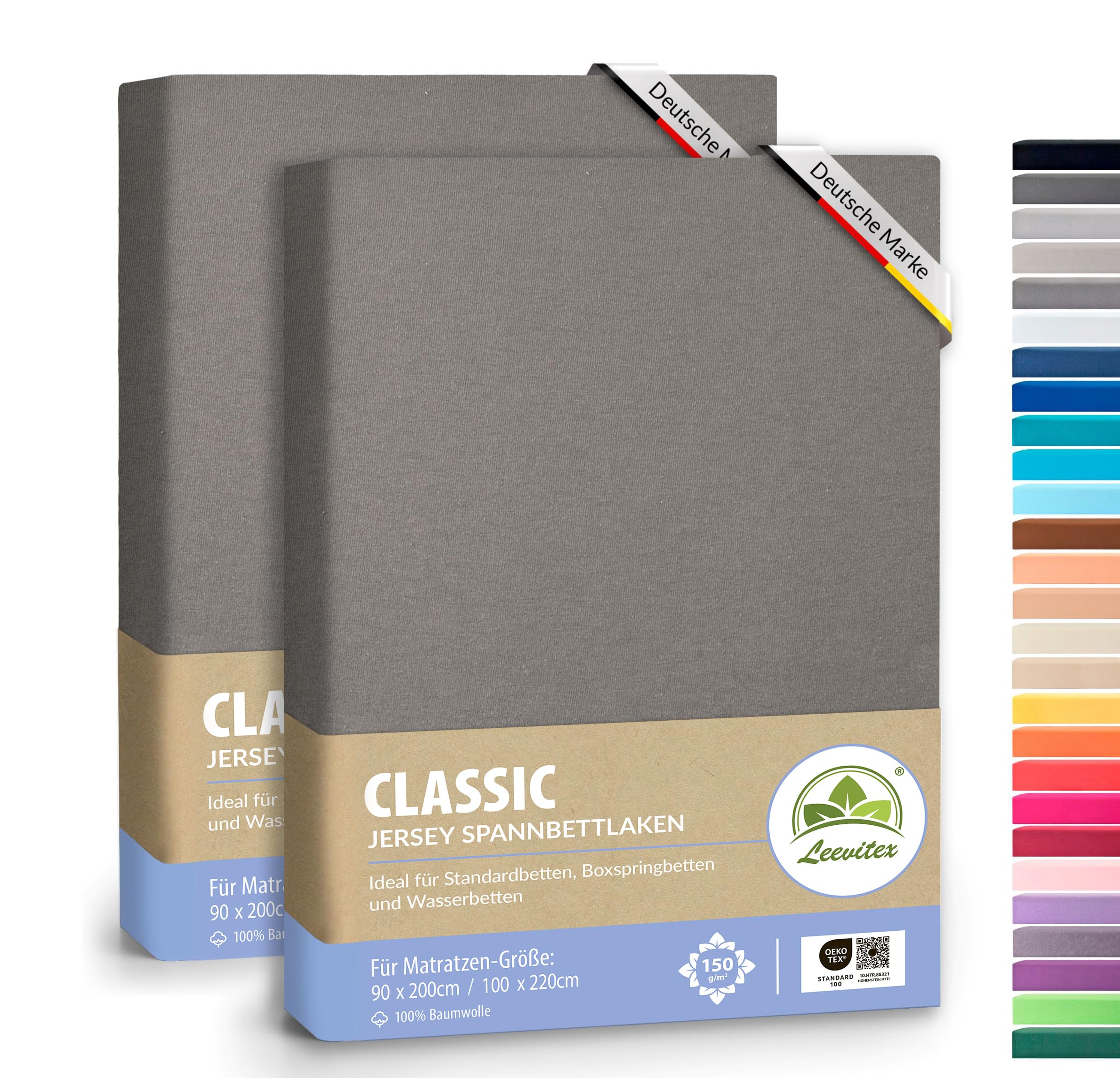 leevitex® Classic Jersey Spannbettlaken 90x200 – 100x220 cm | 150 GSM Baumwolle | Öko-Tex Zertifiziert | für Standard-, Boxspring- und Wasserbetten | 40 cm Steghöhe | 2er Pack | Graphit