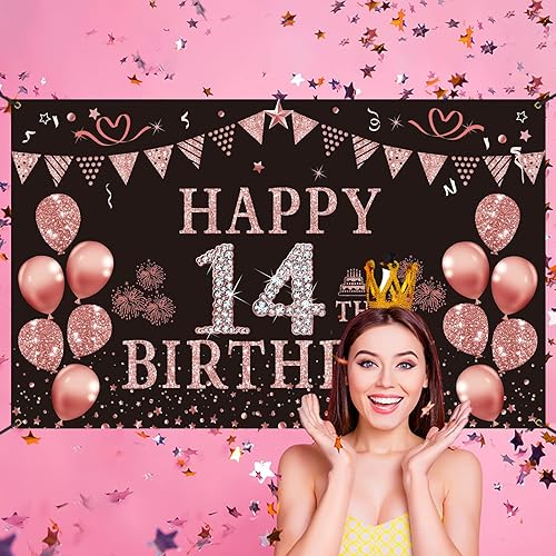 Miniatura 5 de Trgowaul Decoraciones de feliz cumpleaños número 14 para niñas, pancarta de cumpleaños de 14 años de oro rosa, suministros para fiesta de catorce