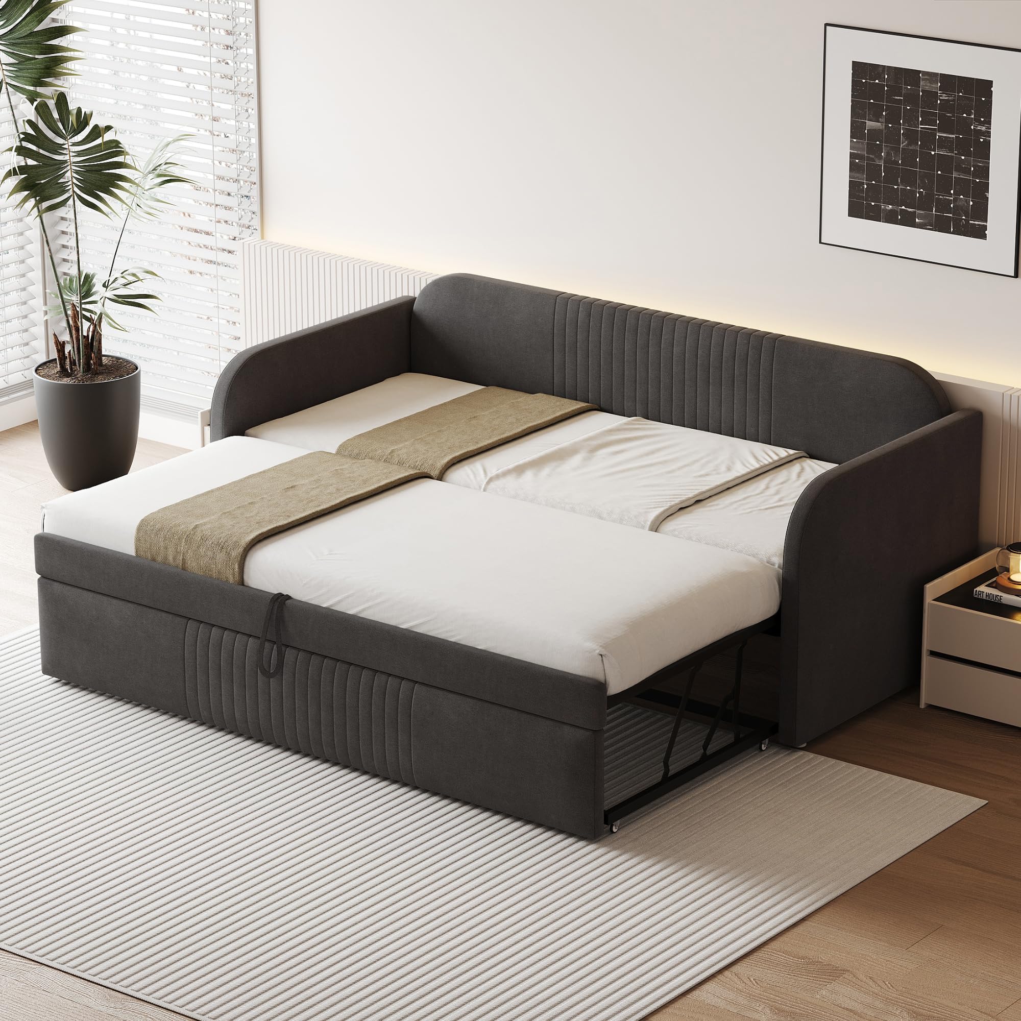 Moimhear Cama tapizada Sofá cama extensible 90/180 x 190 cm, con rayas verticales, con somier, cama multifunción, tejido de lino cómodo y transpirable (gris)