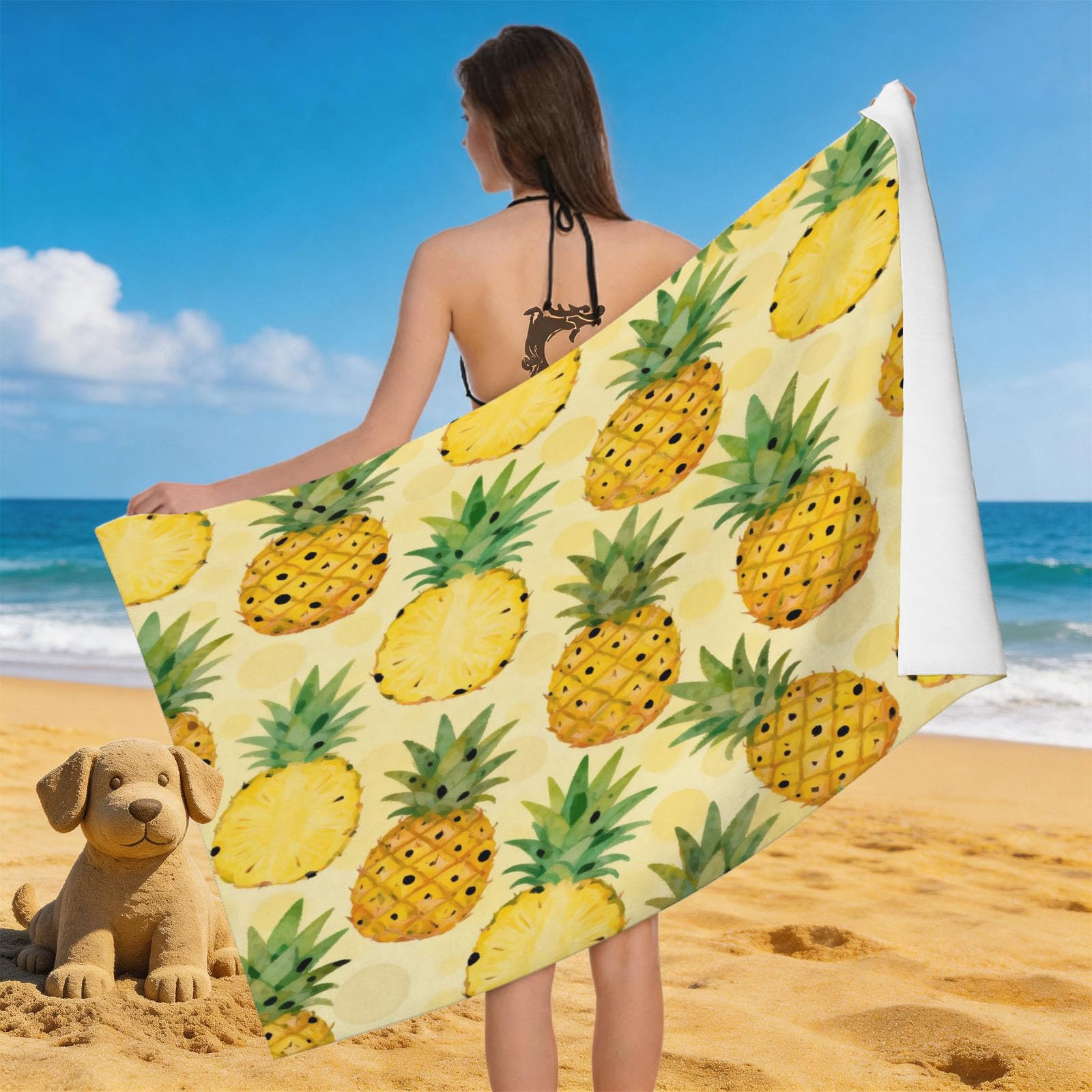 Leichong 3D Pineapple Pattern Beach Towel Large Microfiber Soft Quick Dry for Adults, Tropical Fruit Print Bath Towel Lightweight Soft Absorbent for Travel Swimming Pool Sports, 180 x 90 cm