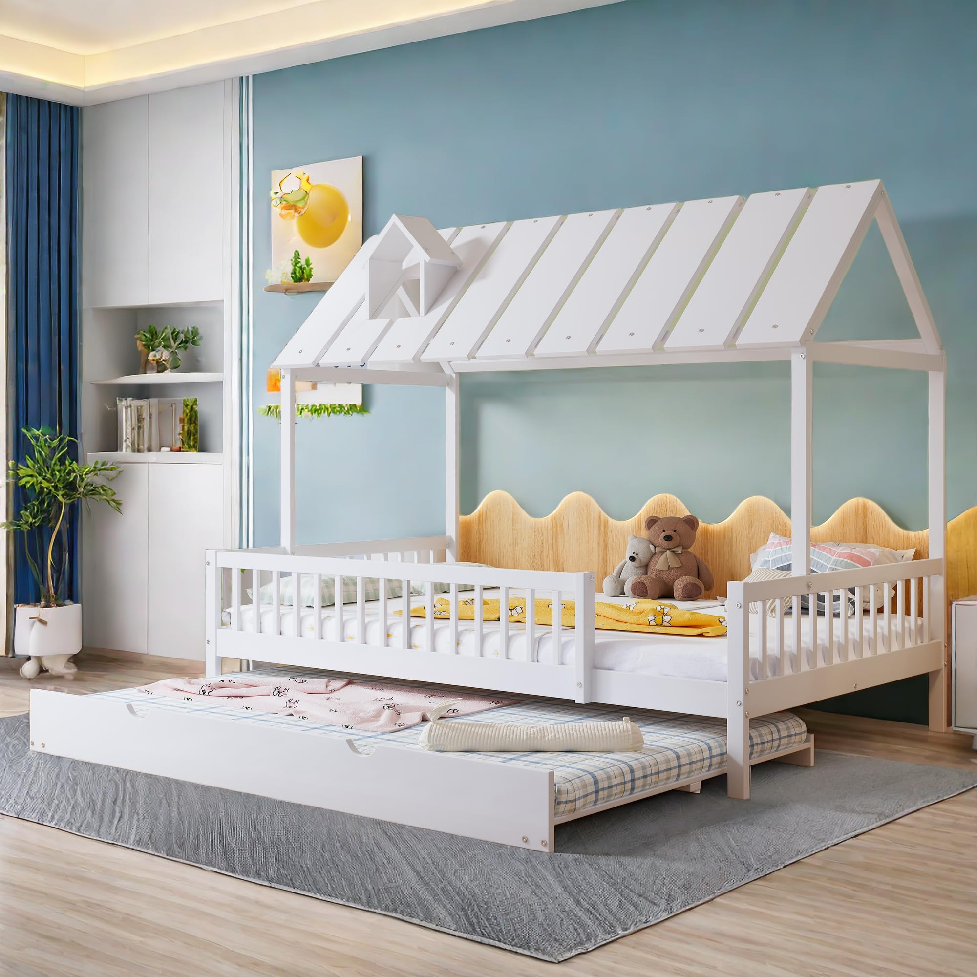 Sapgaks Cama cabaña infantil 120 x 200 con cama nido y litera infantil de 120 x 200 madera, cama entrepiso de 2 plazas con somier de láminas, con barrera, cama entrepiso con almacenamiento, pino + MDF