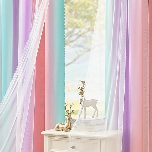 Miniatura 23 de XiDi Cortinas opacas para dormitorio de niñas, diseño de princesa unicornio arcoíris, 72 pulgadas de largo, rosa/azul