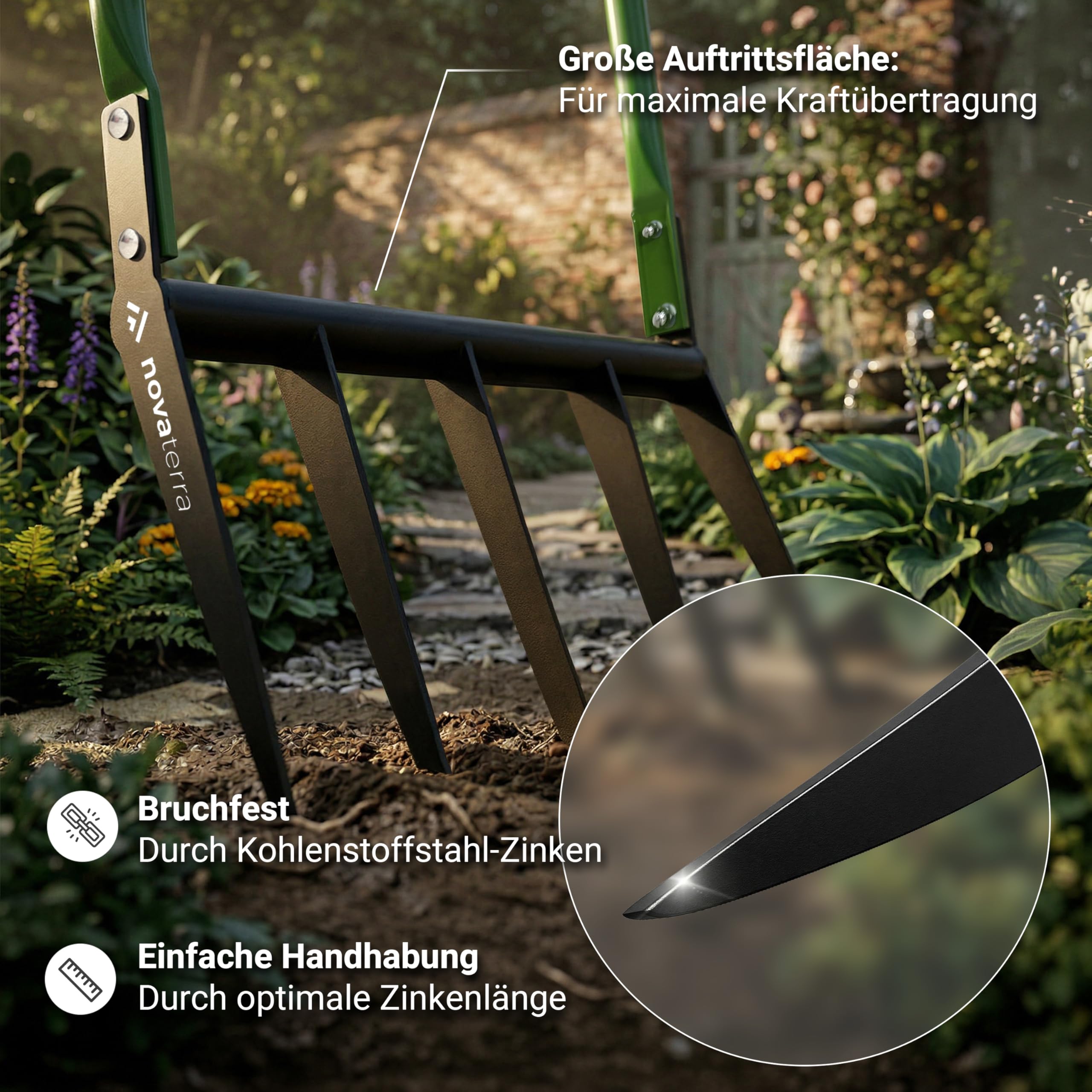 novaterra® Premium Grabegabel mit 5 Zinken - Ergonomische Broadfork Gartengabel aus gehärtetem Stahl - Rückenschonende Bodenlockerung - Robuste Garten Gabel für Beete, Rasen & Harte Böden