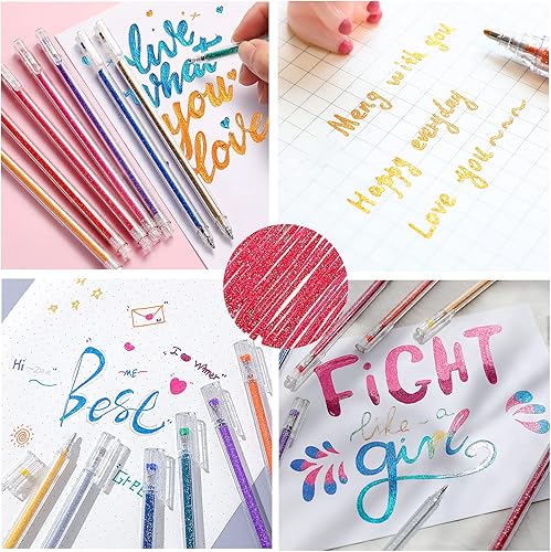 Miniatura 6 de HUJUGAKO Bolígrafos de gel con purpurina, paquete de 36 bolígrafos metálicos brillantes para colorear con funda, 18 bolígrafos de colores con 18