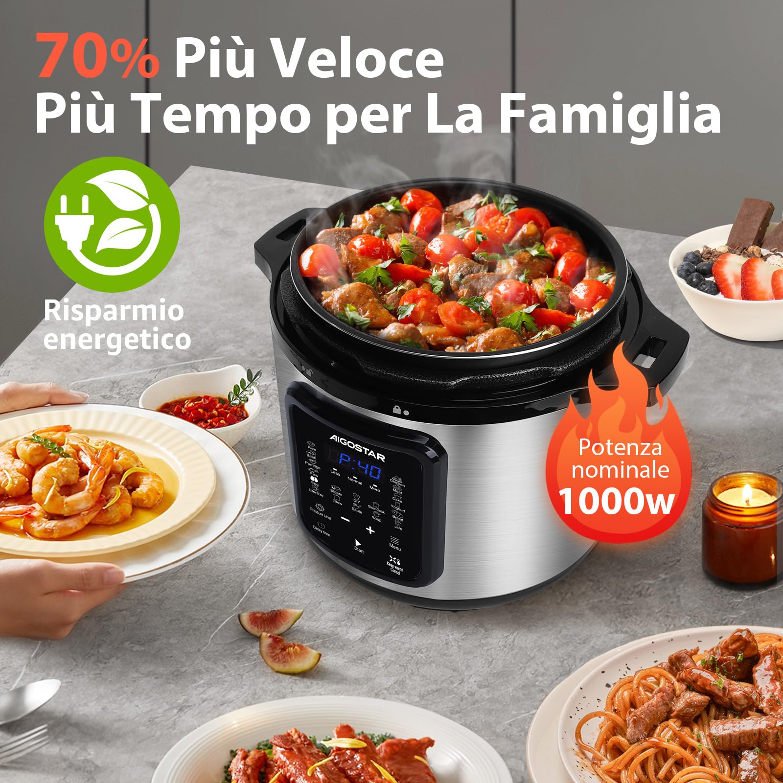 Aigostar Pentola a pressione elettrica 18-in-1 Pressure Cooker, 6 Litri Pentola Programmabile 24 ore, 3 pressioni, 1000W Pannello LED Multicooker per Yogurt, Cuoci, Riso, Slow Cooker, Sauté, 1000W