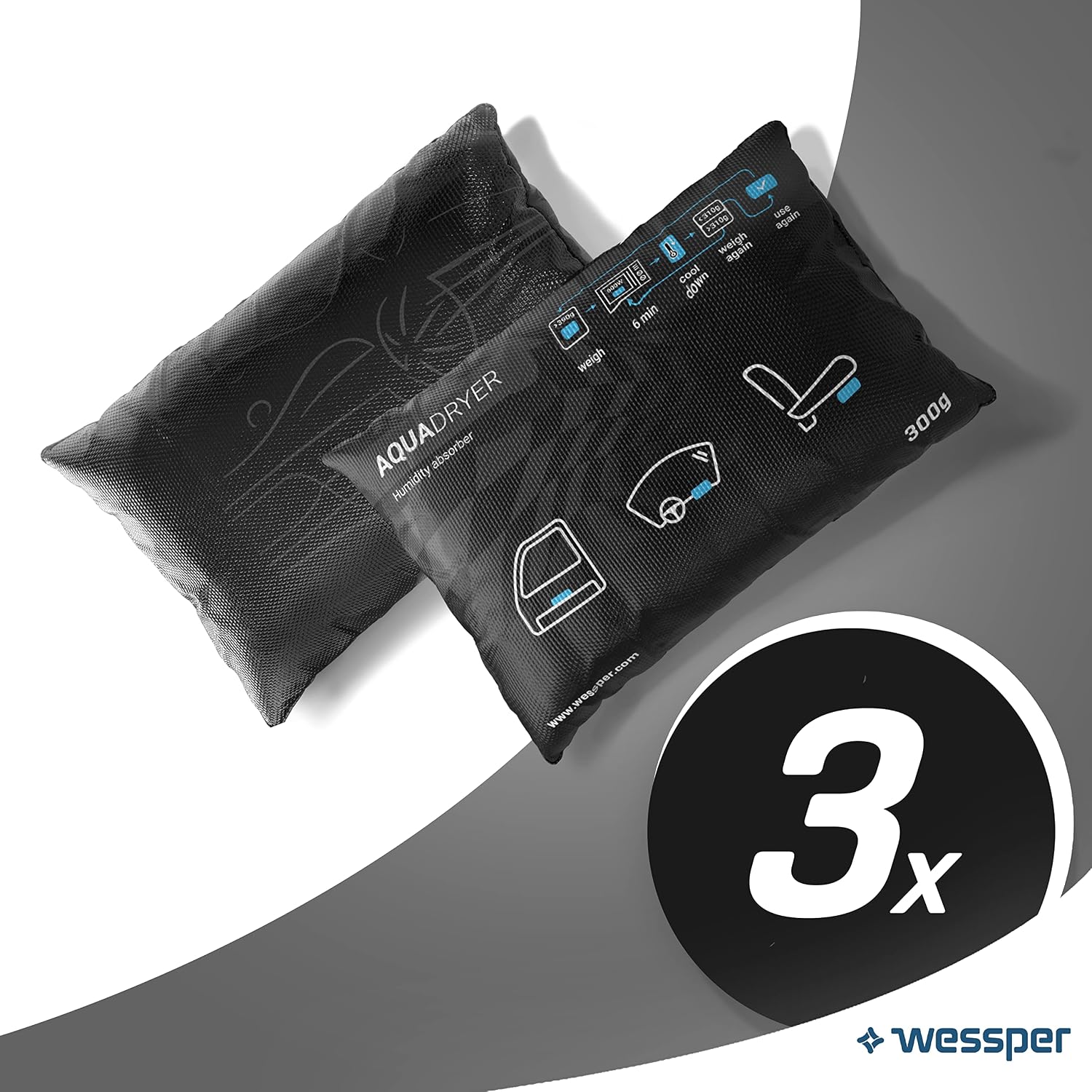 3 x Wessper Reusable Dehumidifier Bags, Rechargeable Wessper Room Dehumidifier Made of Silica Desiccant, Moisture Granules for Wardrobe, Car, Shoes, Bedroom 300 g