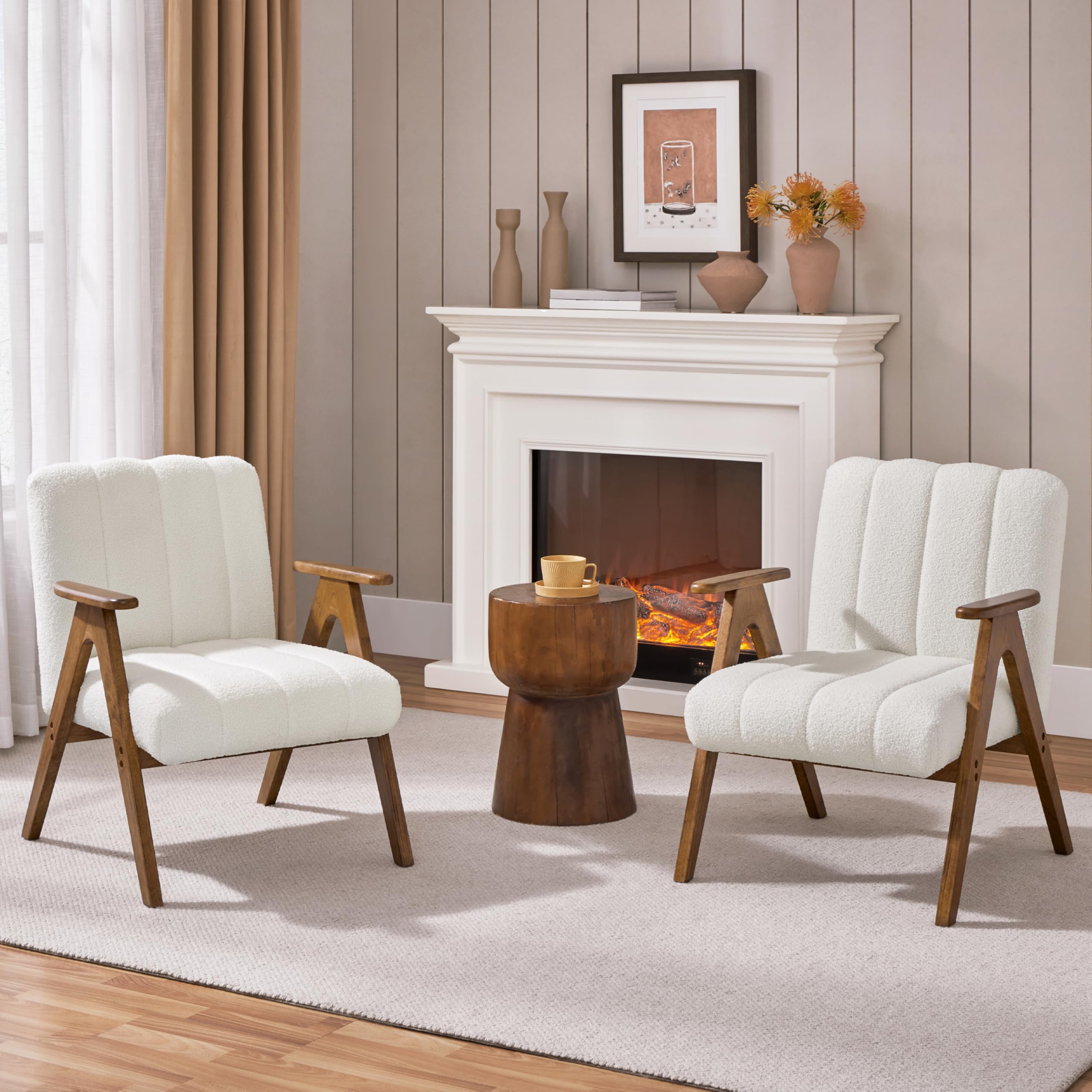 Poltrona Moderna da Salotto Sedia Stile Shabby Chic in Legno e Tessuto Boulclé per Soggiorno Poltrocina Relax con Gambe Classiche a V per Camera da Letto Studio Casa Bianco