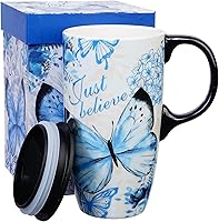 Vista 13 de Taza de viaje de cerámica de girasol de Topadorn con tapa y caja de regalo a juego, taza de café latte, 17oz. Hola, sol