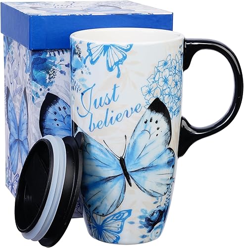 Miniatura 13 de Taza de viaje de cerámica de girasol de Topadorn con tapa y caja de regalo a juego, taza de café latte, 17oz. Hola, sol