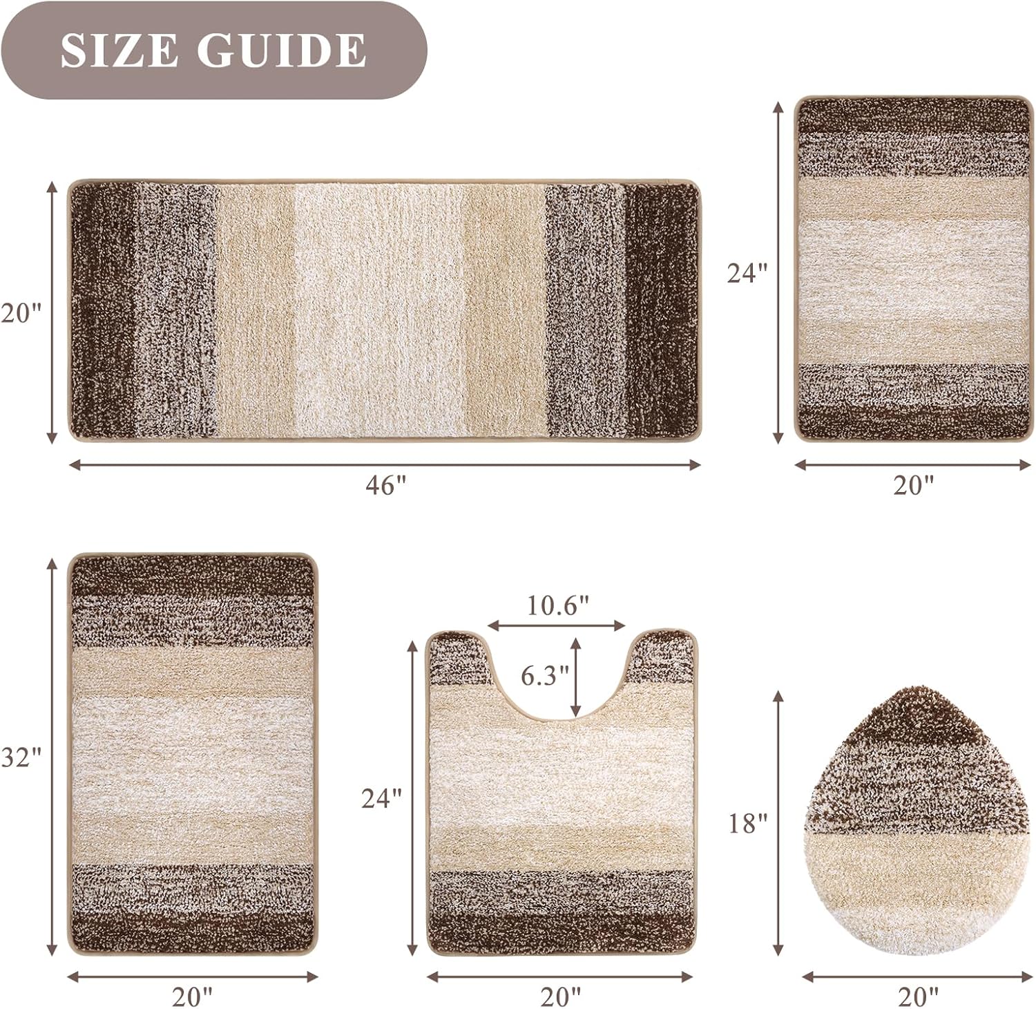 Bsmathom Bathroom Rugs Sets 5 Piece with Toilet Lid Cover, Absorbent Non-Slip Bath Mats for Bathroom, Soft Shaggy Machine Washable Bath Rugs with U-Shaped Toilet Rug, Dark Coffee