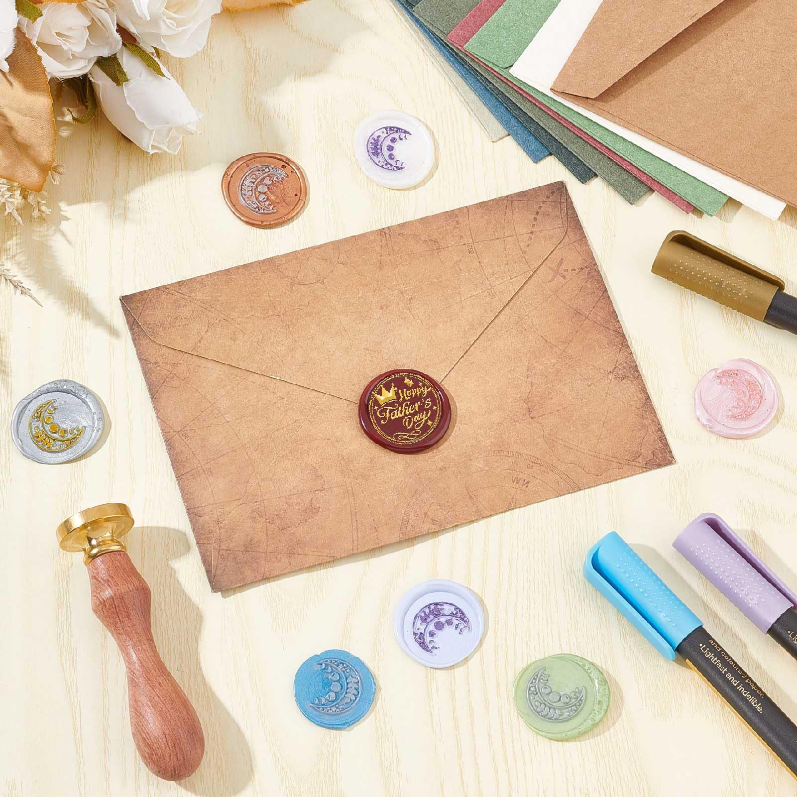 CRASPIRE Sealing Wax Stamp Happy Crown Word Happy Fathers Day 30mm Brass Head with Wooden Handle Vintage Removable Seal Stamp for Thanksgiving Party Envelopes Invitations Packing DIY Scrapbooking - Image 4