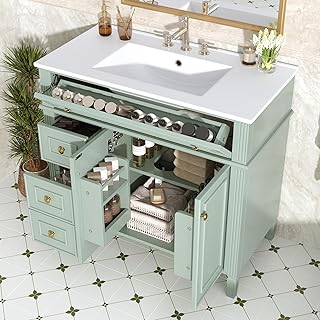 Harper & Bright Designs 36" Bathroom Vanity with Sink, Free Standing Single Basin Vanity Set with Tip-Out Drawer, 3 Drawers, and 2 Doors, Wood Bathroom Cabinet with Ceramic Basin for Bathroom, Green