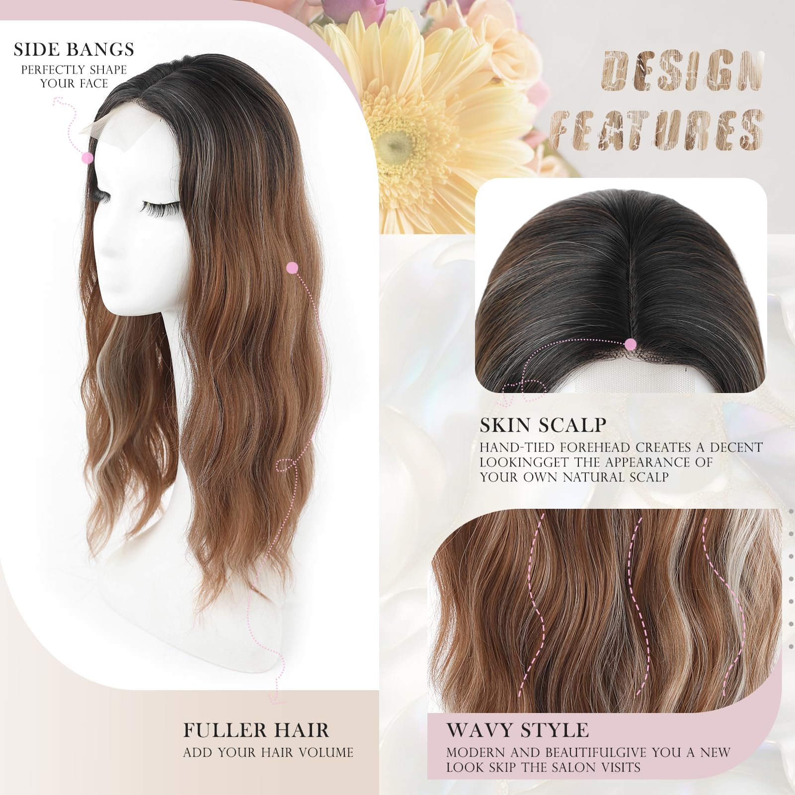 20 Inch Hair Toppers For Women Long Wavy Curly Hair Topper Darkest Brown Clip In Synthetic Wiglets Hair Pieces For Women (Highlights Brown with Dark Root - Image 2