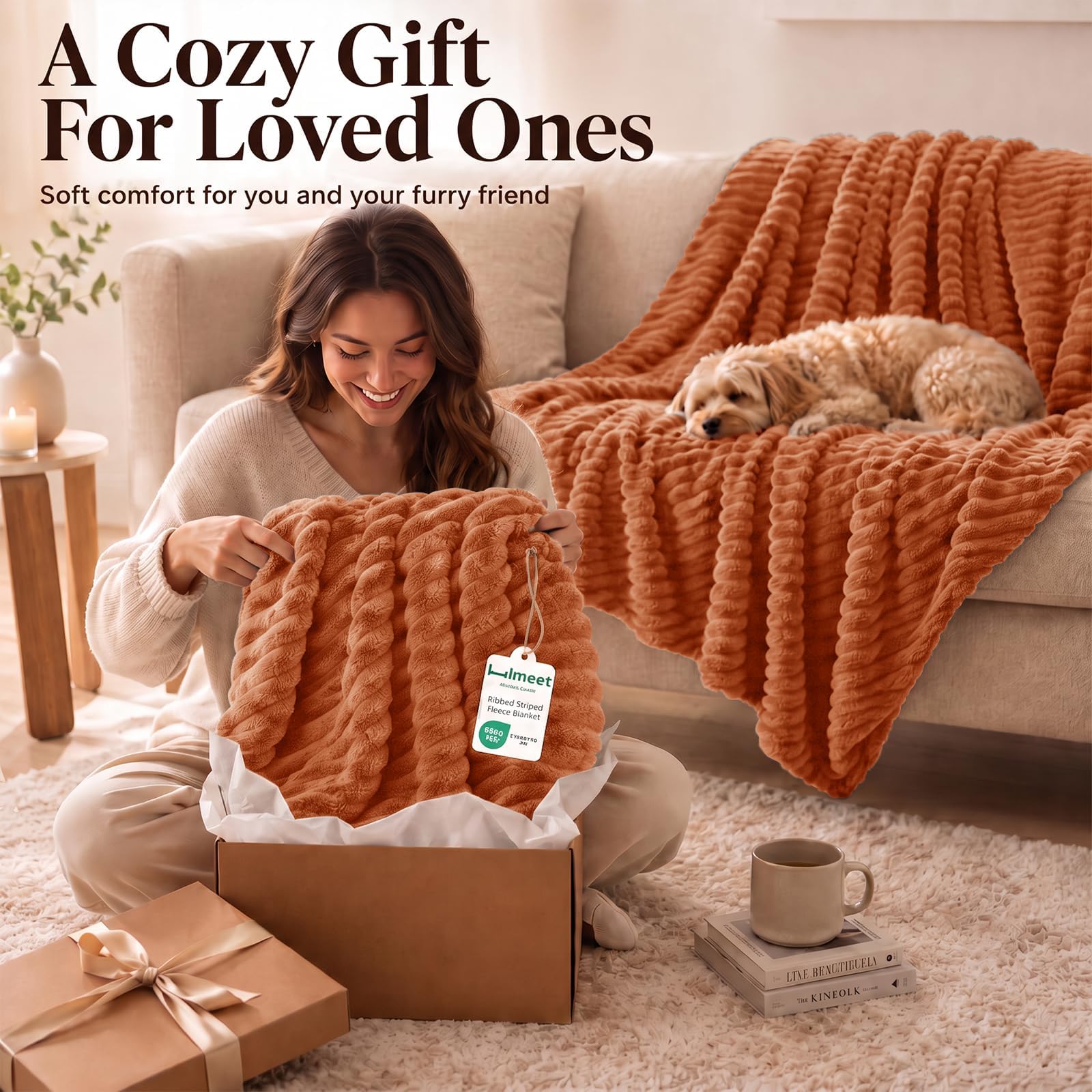 HIMEET Burnt Orange Throw Blanket for Couch, 300GSM Ribbed, 50 x 60 Inches view 7