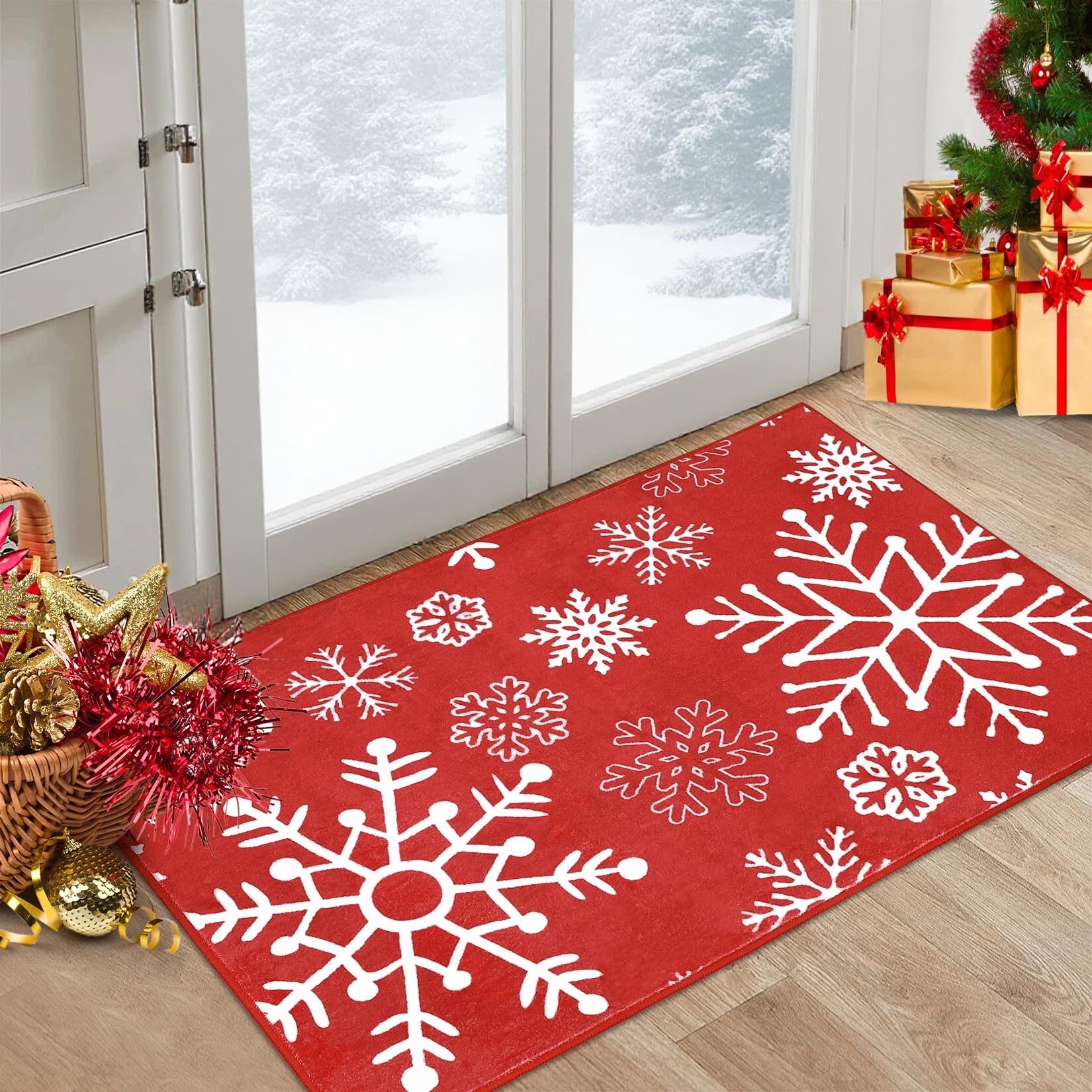 FairyStyle Washable Christmas Small Rug 60x100 cm, Snowflake Doormat, Red