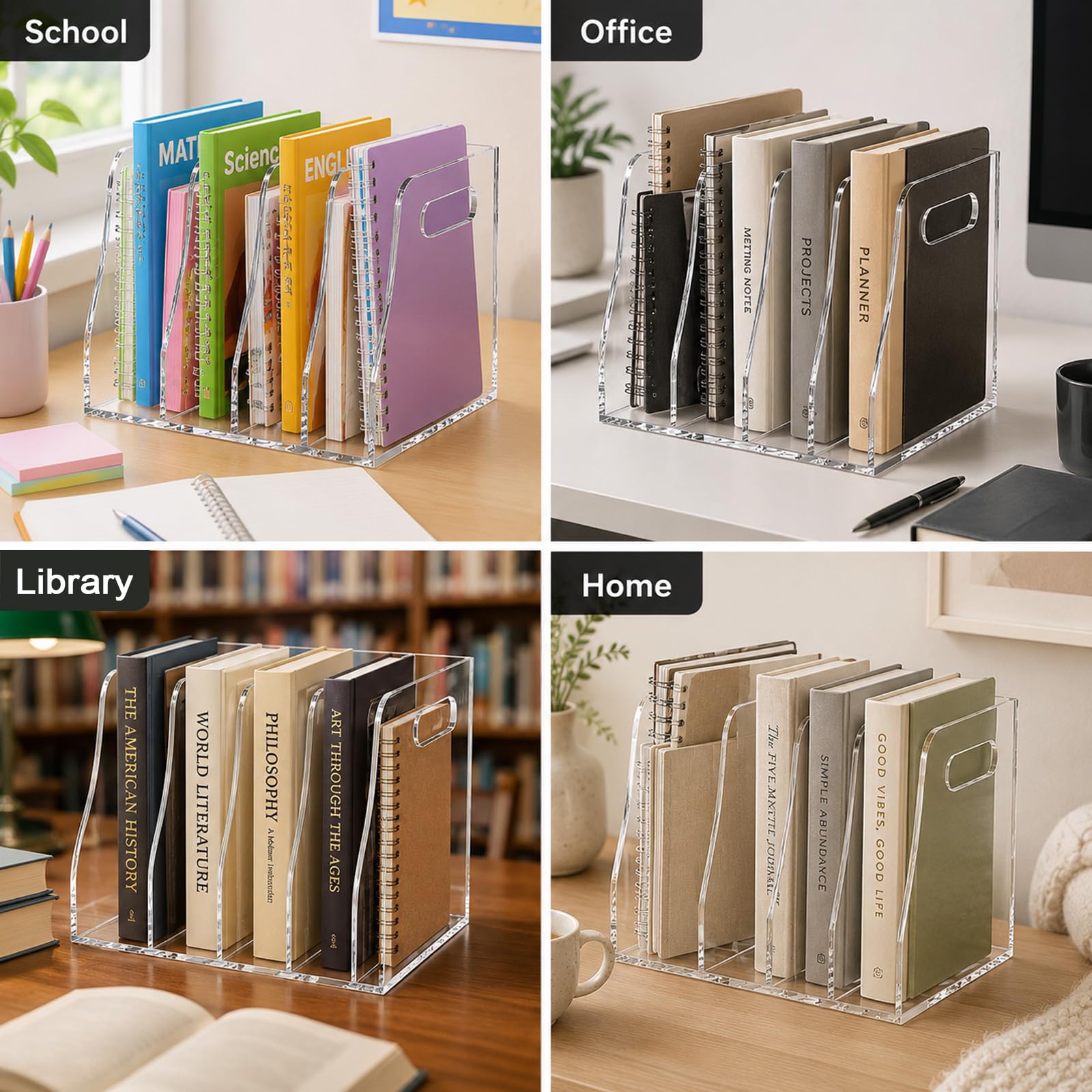 Soporte acrílico para archivos, organizador vertical de 4 compartimentos, organizador de escritorio transparente para el hogar, oficina, escuela, soporte de exhibición de documentos A4, libros