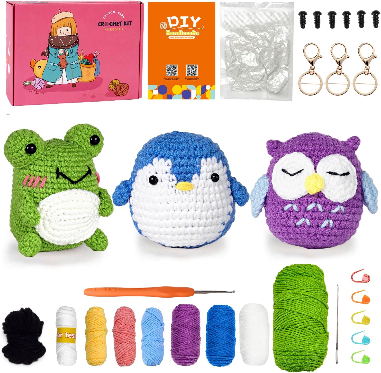 Crochet Kit for Beginners, 3 Pattern Animals-Owl, Penguin, Frog, Knitting Kit for Adult Kids with Step-by-Step Video Tutorials and Yarns, Hook, Accessories