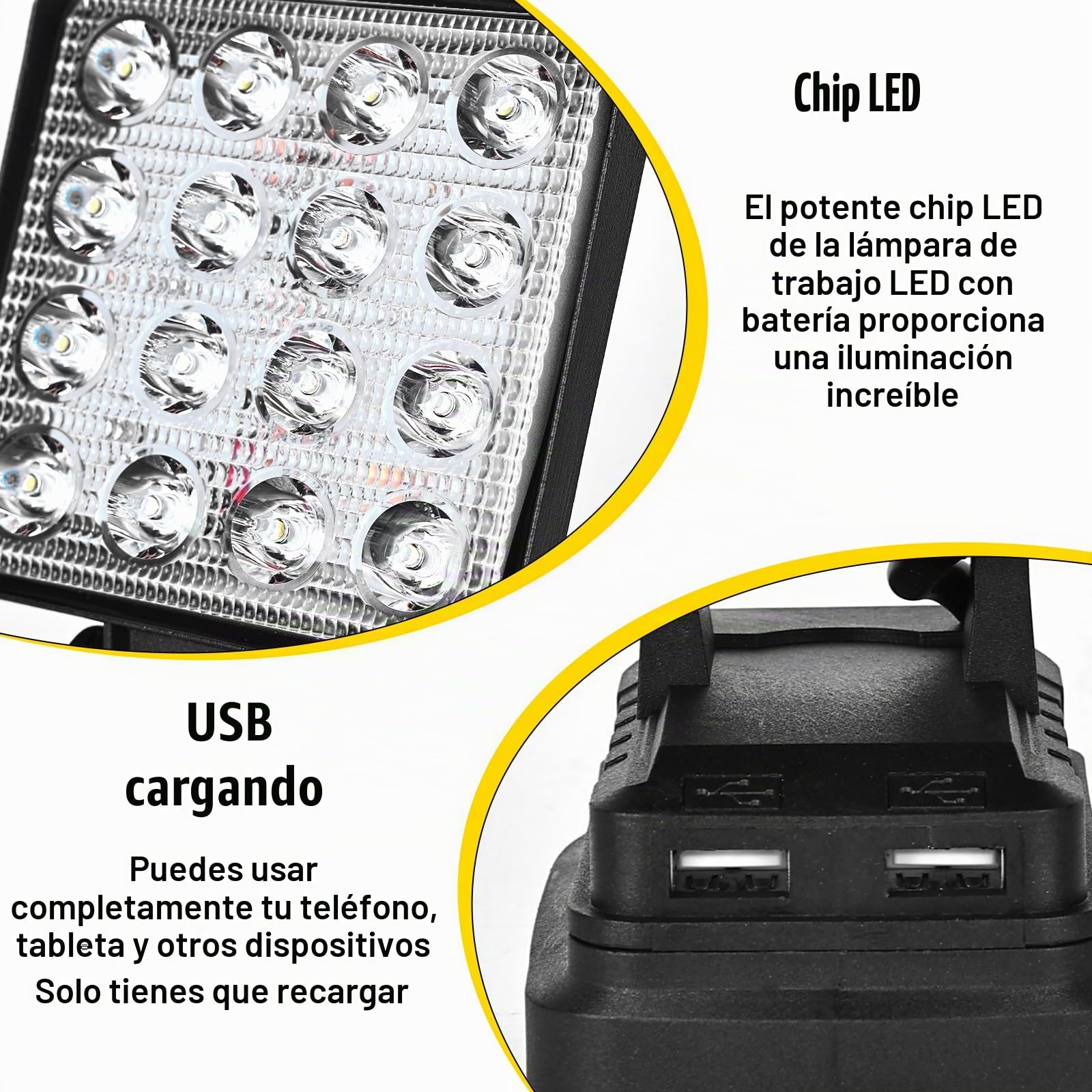 HOSPAOP Lámpara LED de trabajo con batería para Makita 18 V – 27 W, foco LED portátil, con batería, foco de luz de construcción, lámpara con carga USB, 2 unidades (sin batería)