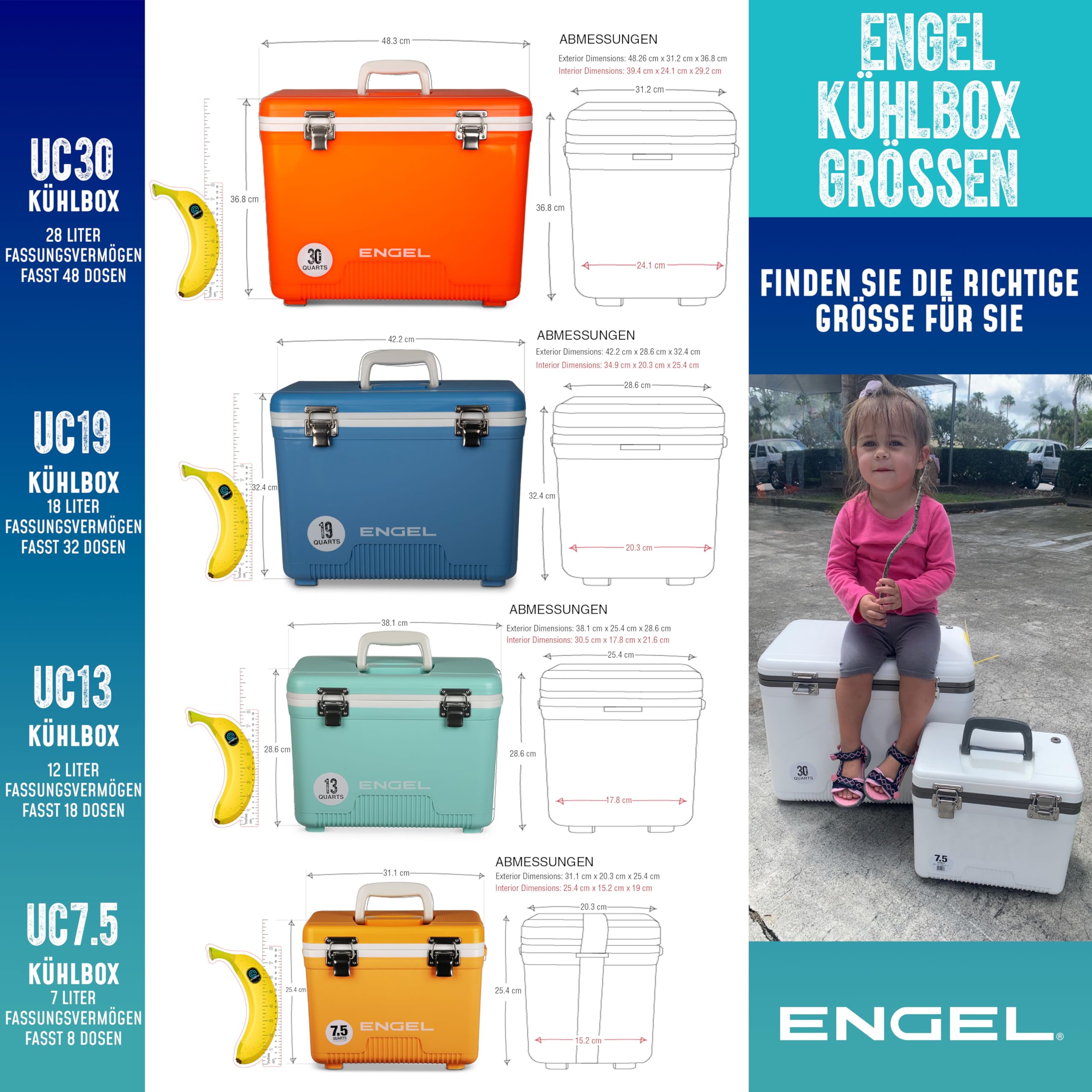 ENGEL Kühlbox 30qt (28,4 Liter) Auslaufsicher, Luftdicht, Tragbare, Kleine Kühlbox für Camping, Picknick, Wandern, Festival - Eisbox Ohne Strom für Männer & Frauen, 48,3 x 31,7 x 36,8 cm
