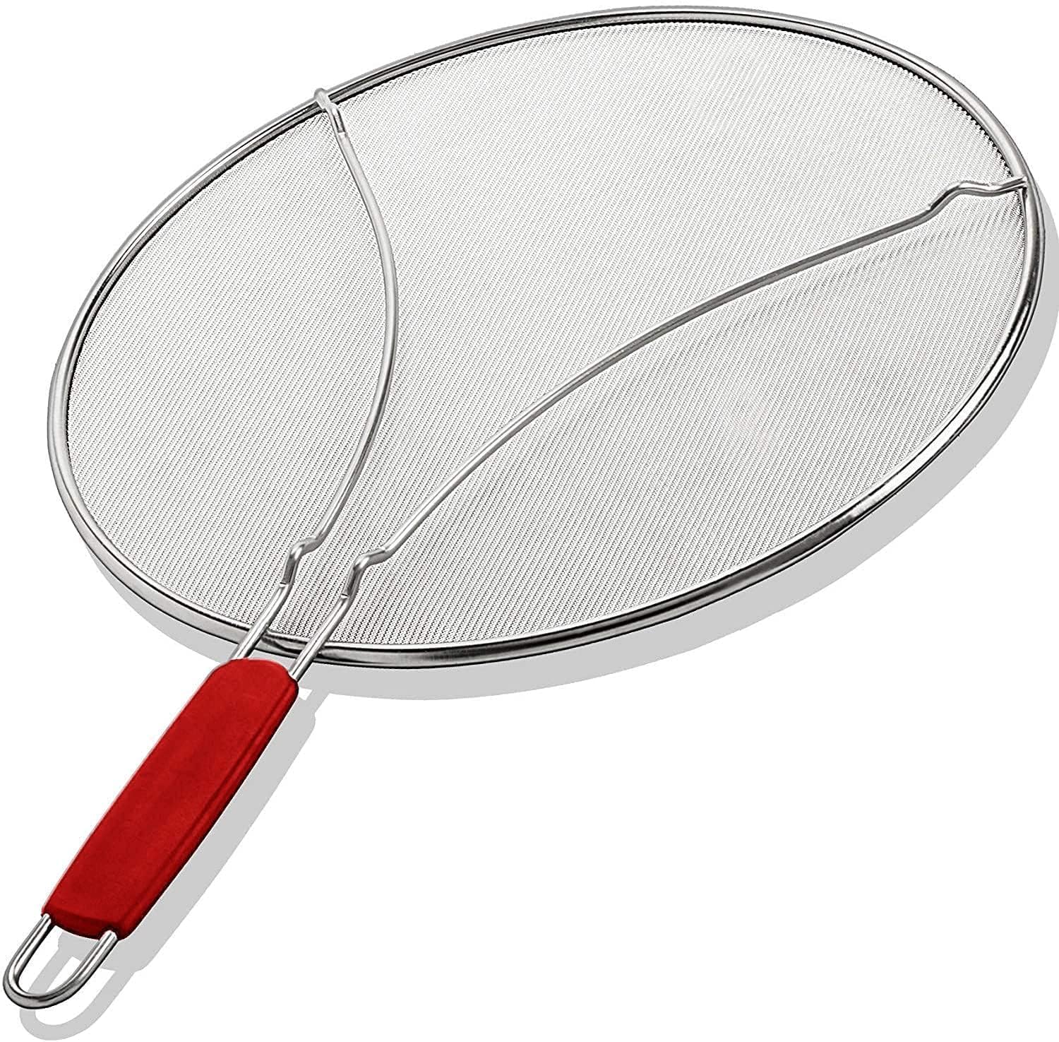 alpha living splatter guard for frying pan amp food strainer and universal cookware 1334 - stops hot oil splash - red handle - splatter screen for cooking