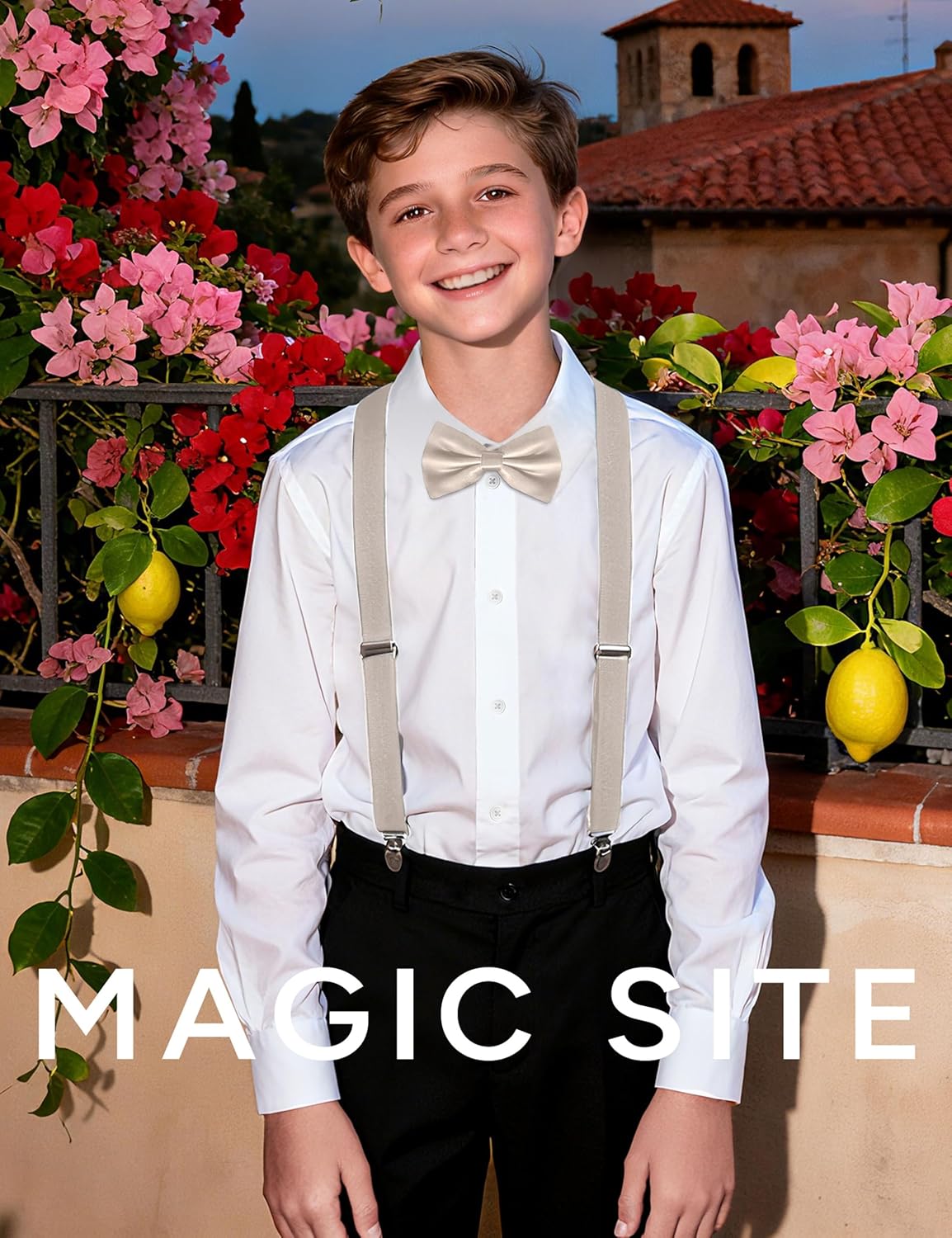 Khaki Suspenders for Boys Elastic Bow Tie Kids Girls Toddlers Adjustable Elastic Y-Back Design & Sturdy Clips for Age 1-7 Years - Image 3