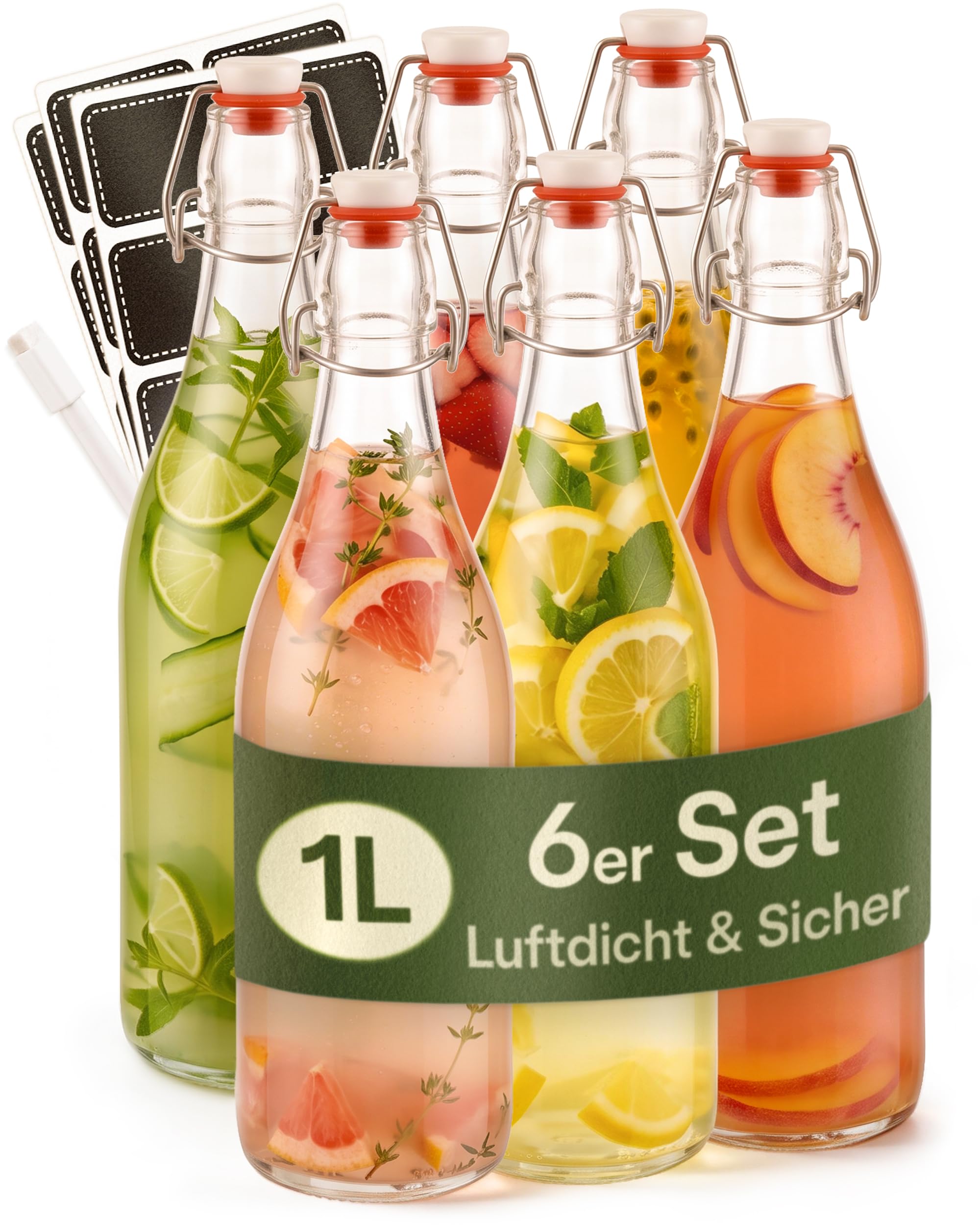 Praknu 6er Set Bügelflaschen 1 L – Glasflaschen mit Bügelverschluss Leer