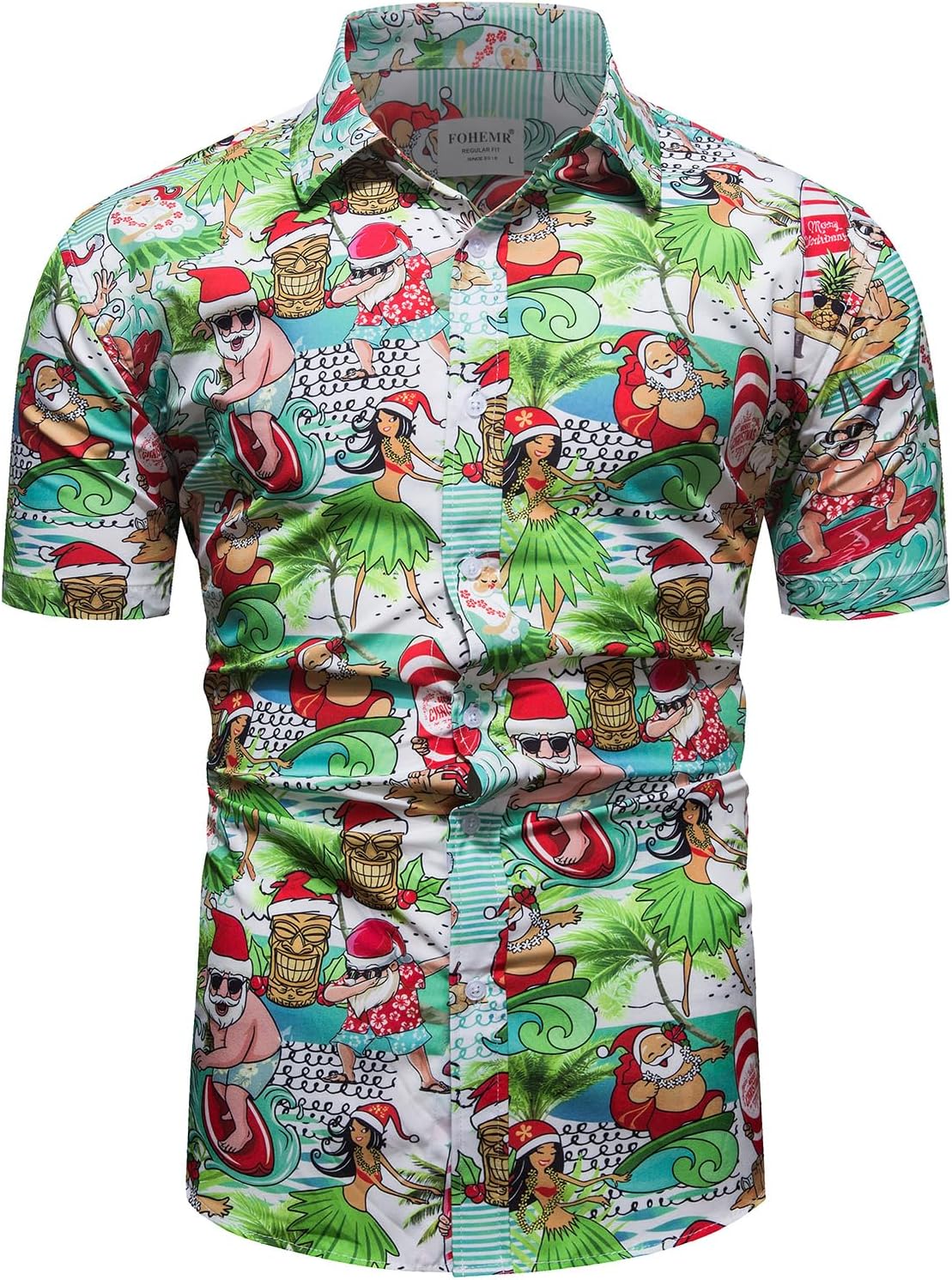 fohemr Men Ugly Christmas Button Down Shirt Funny Santa Claus Holiday Hawaiian Short Sleeve Dress Shirt