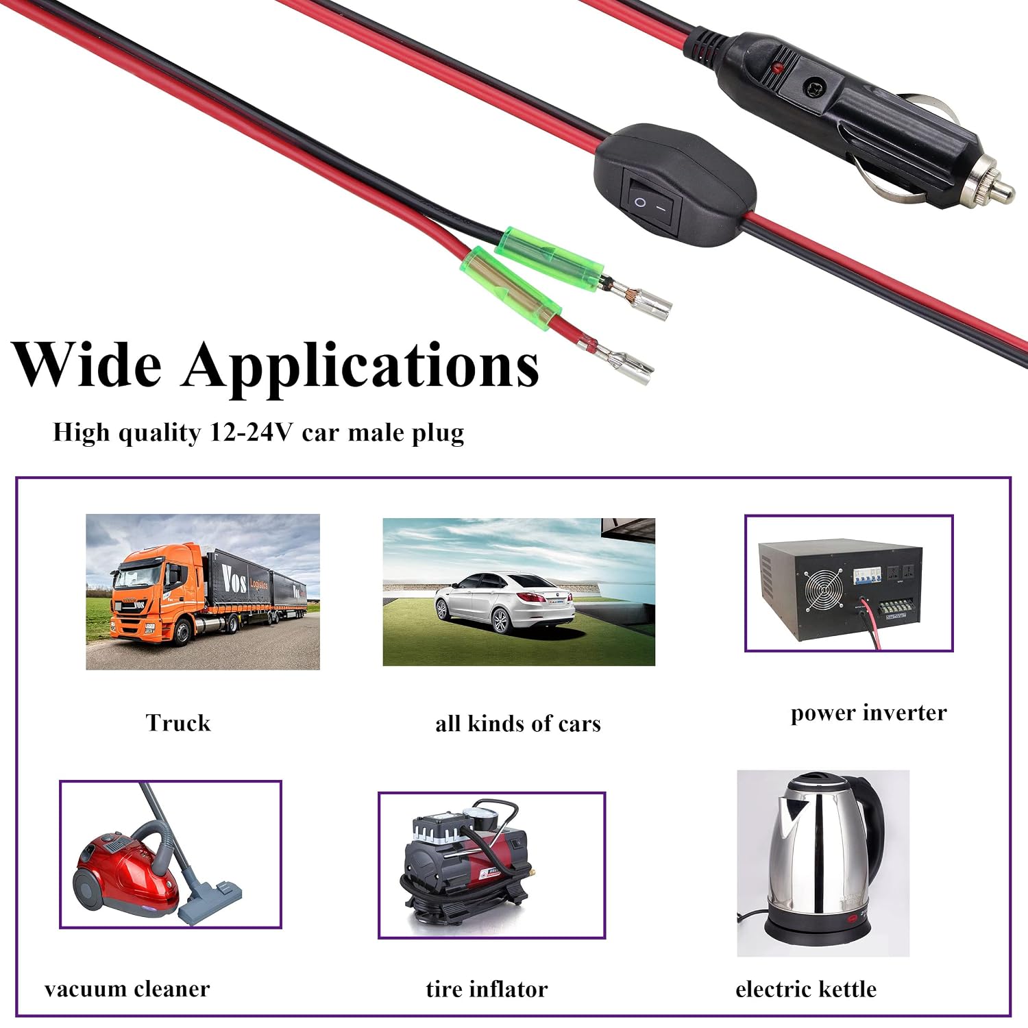 12Volt Fused Replacement Cigarette Lighter Male Plug with Leads Cable 16AWG Cigarette Lighter Male Plug Quick Release Disconnect Plug Adapter Charging Cabl with Fuse and Switch(5M/16ft-Leads)