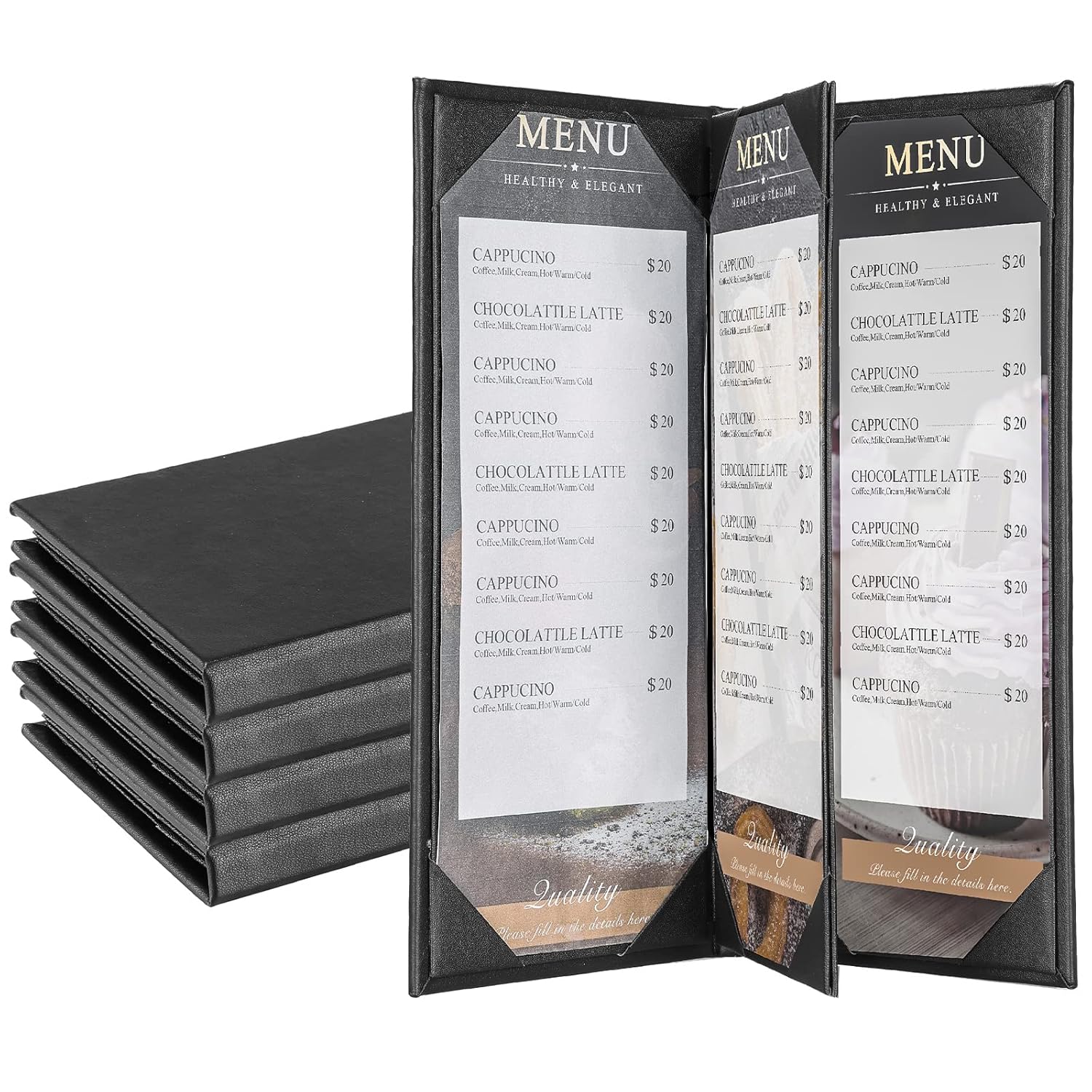 5 Pack 4 View Menu Holder Menu Covers 4.25" x 11" | 5 Pack Black Leather Menu Sleeves Book Style for Restaurant Coffee Bars Wine List (4 View, 5 Pack)