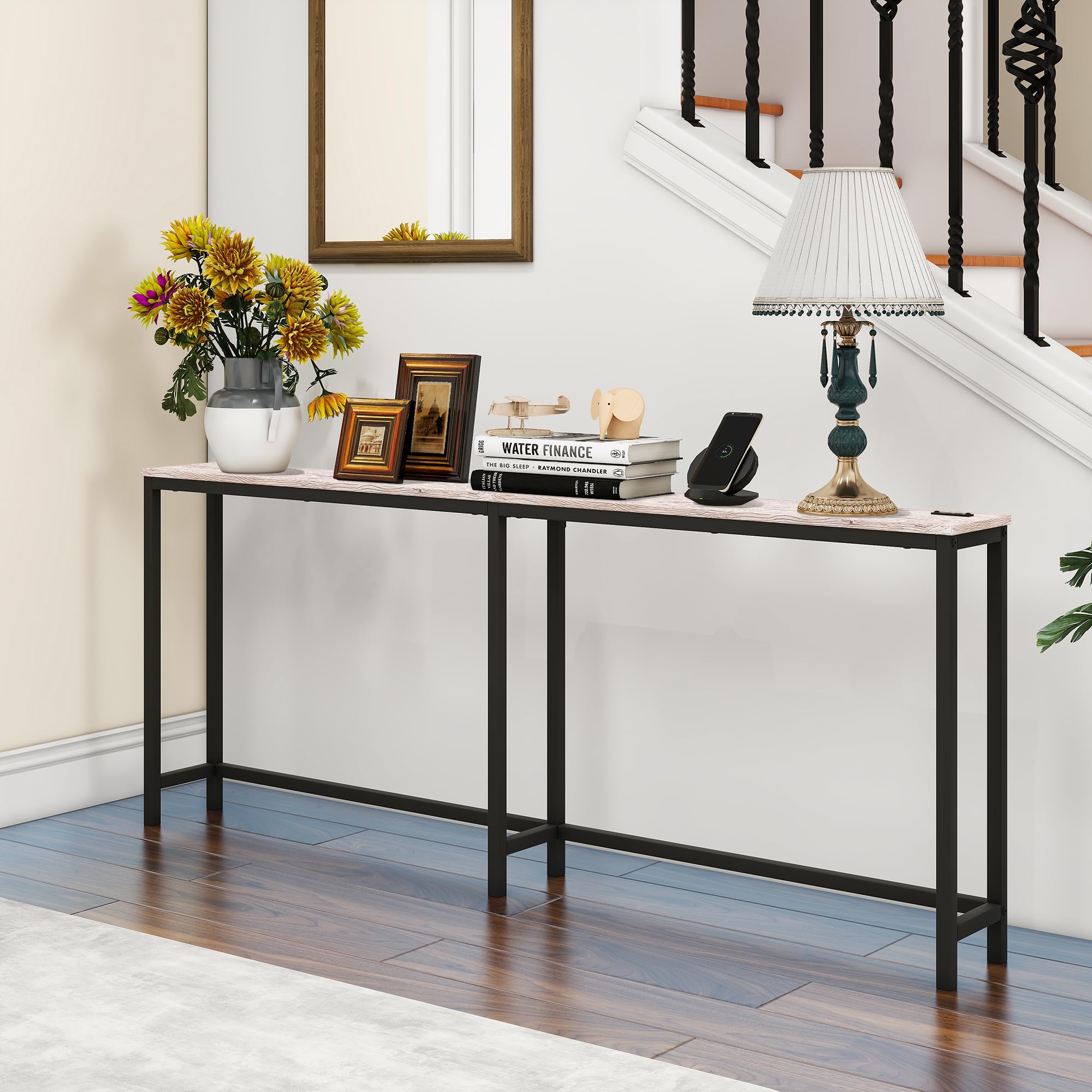 Mesa consola de 70.8 pulgadas con puertos USB, mesa de sofá con estación de carga, mesa de entrada estrecha, mesa de pasillo delgada, arce 6