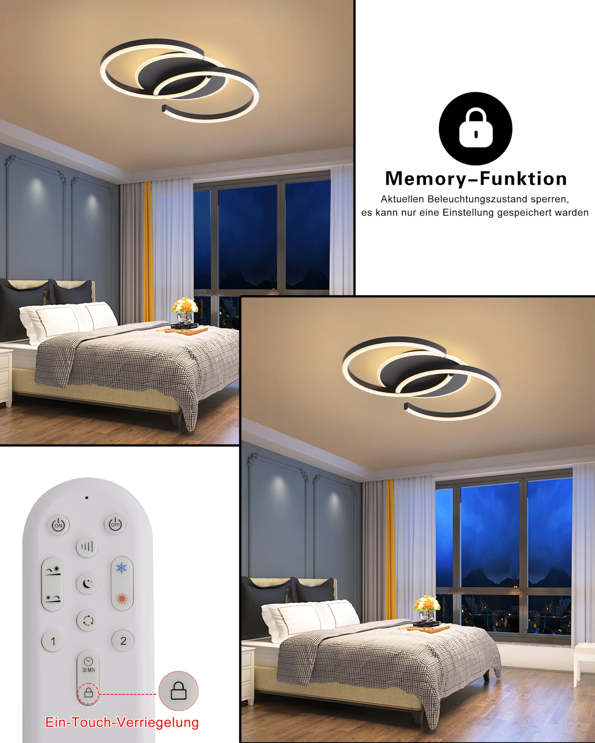 LED Deckenleuchte Dimmbar schwarz „S“ 2-Ringe, 50cm 32W Farbtemperatur 3000-6000K, Helligkeit 3-32W, Mit Fernbedienung/Mobile APP, Für Schlafzimmer, Wohnzimmer, Mit Memory-Funktion, 3W Nachtlicht
