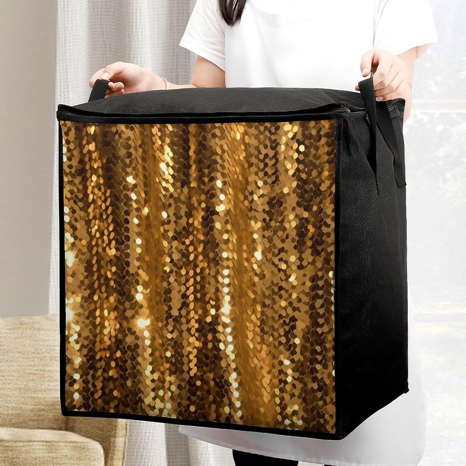 Gold Sequin Sparkle Storage Bag with Zippers And Handle Extra Large Bedding Comforter Storage Bag Foldable Blanket Storage Bags Fabric Moving Bags for Closet Organizer (70L)