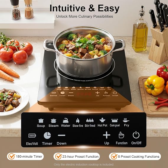 Induction Cooktop 2200W Portable Electric Induction Stove with Touch Panel, Power & Temp Adjustable, Countertop Single Burner Hot Plate Black 110V 60-240C