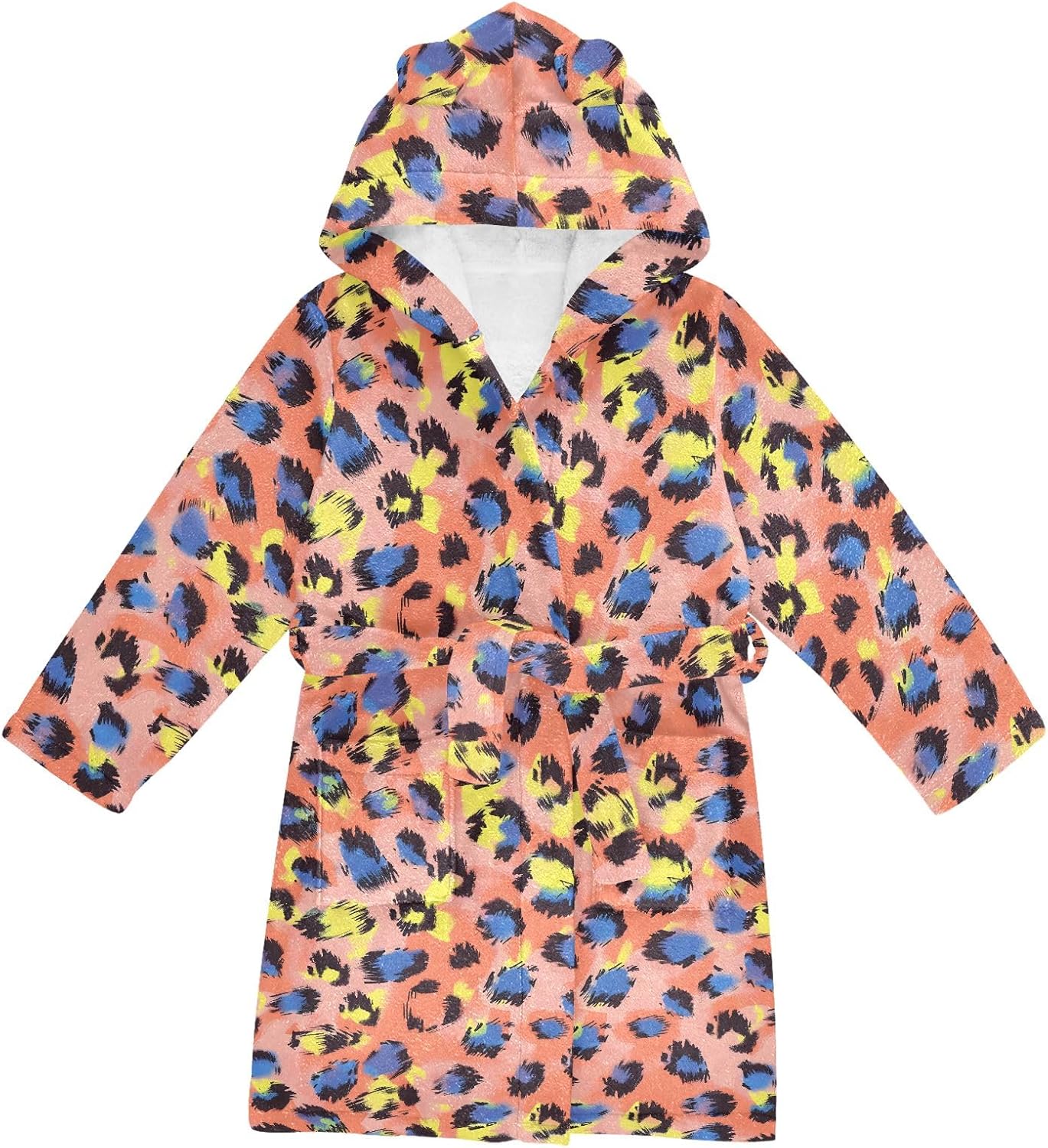 Orange Leopard Print Pattern Toddler Hooded Bathrobe for Boys Girls Soft Plush Bath Towel Robe 2-12 Years