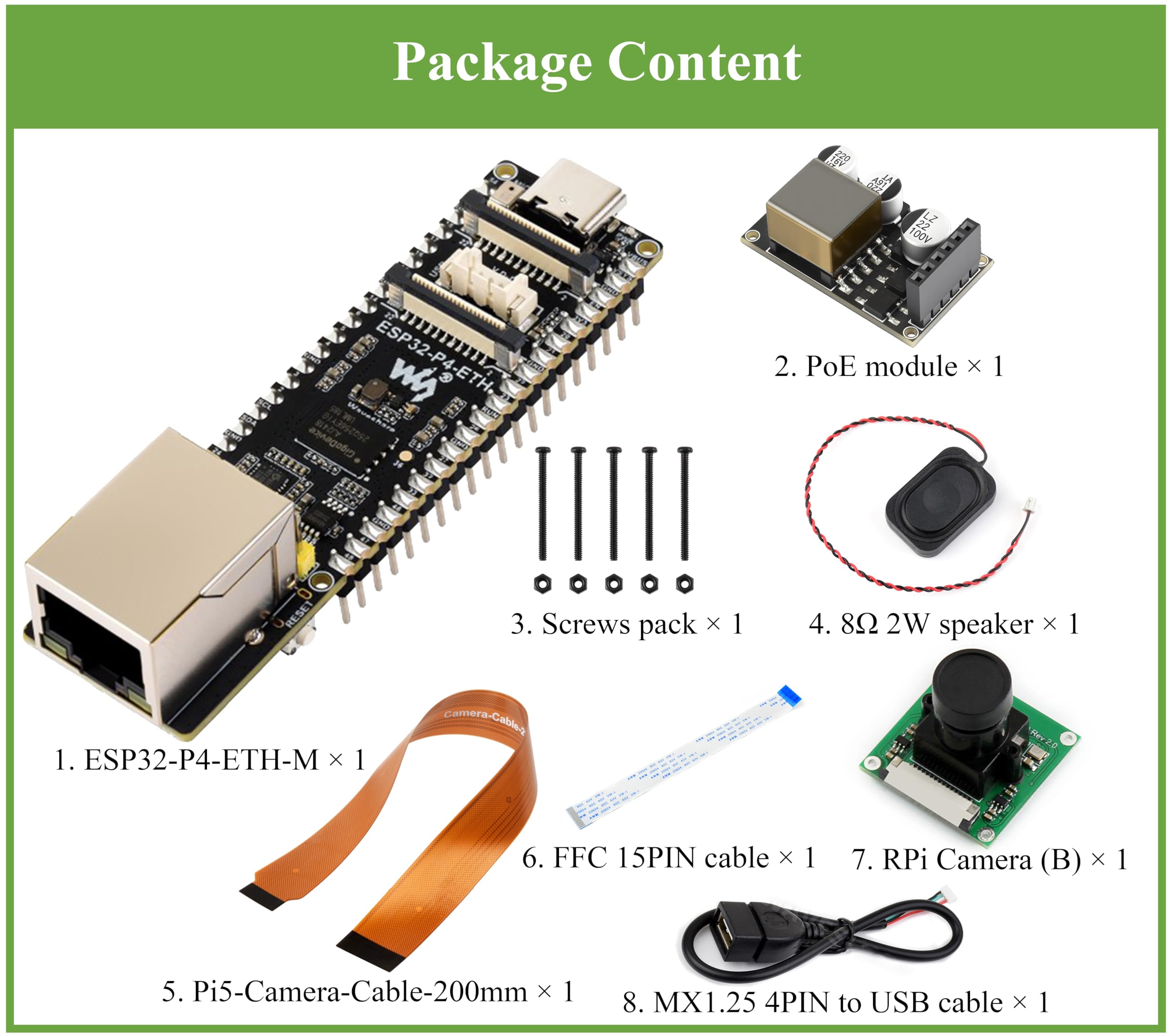 Scheda di sviluppo AI ESP32-P4-ETH con intestazione pre-saldata, basata su ESP32-P4, porta Ethernet RJ45, ricche interfacce uomo-macchina, supporta l'interazione vocale AI, con modulo PoE, fotocamera