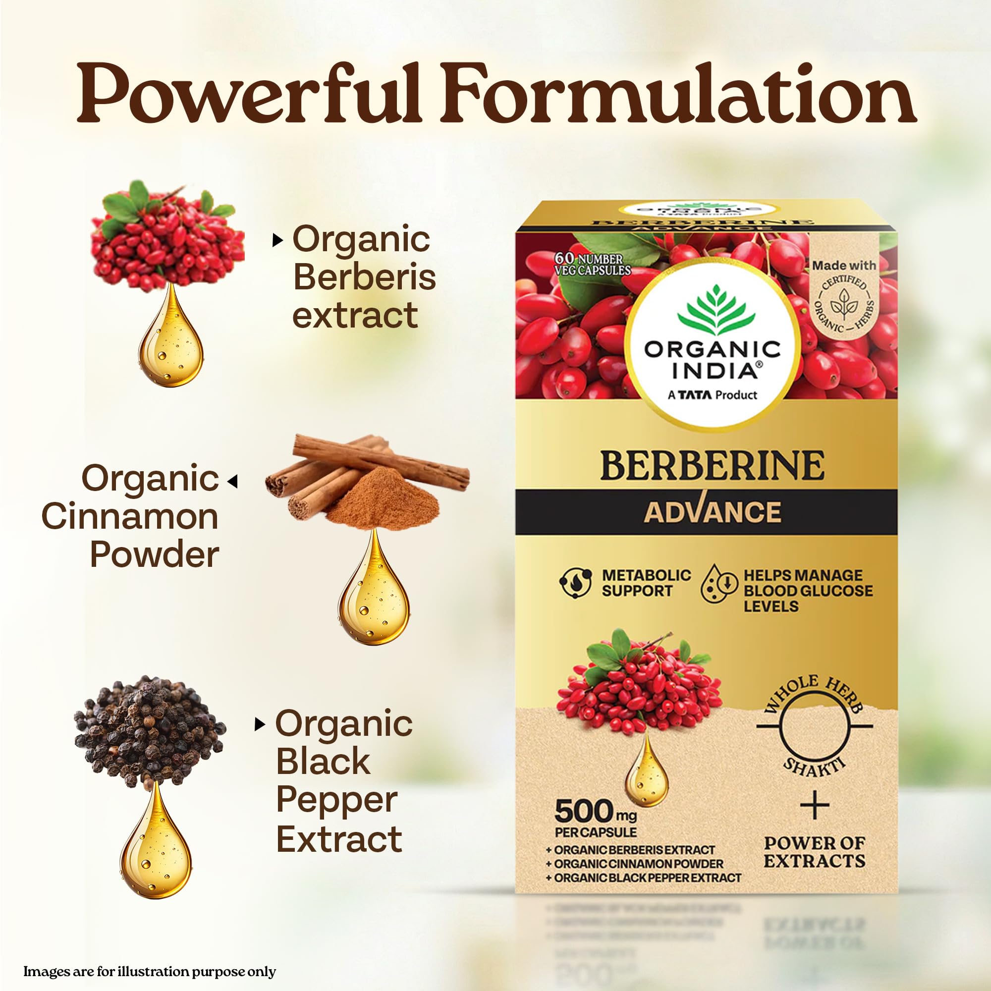 Organic India Berberine Advance Capsules, 60 Veg Capsules, 500 mg per Capsule, With Organic Cinnamon & Black Pepper Extract, Metabolic Support & Blood Glucose Balance product image 5