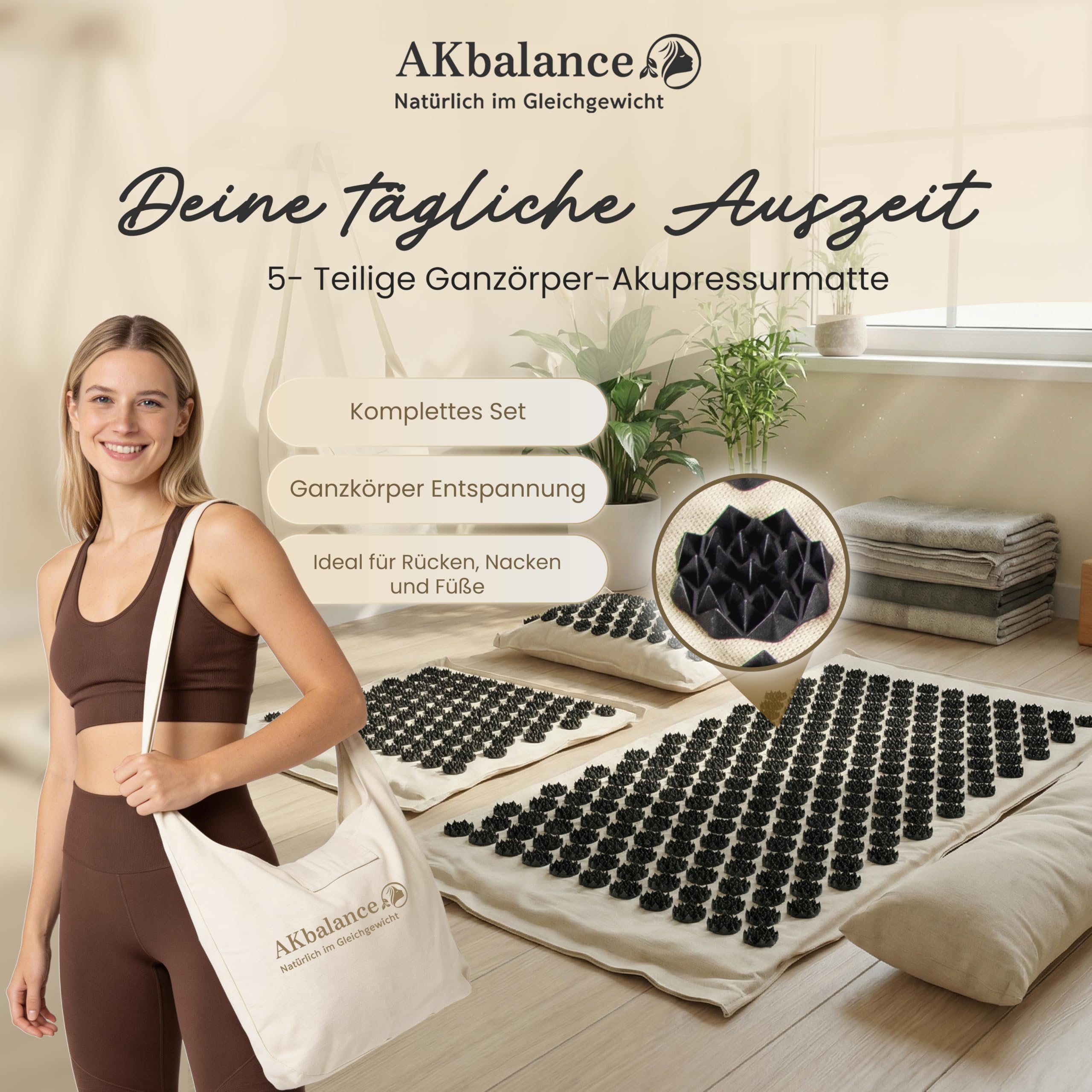 Tappetino per agopressione beige, sabbia desertica, set da 5 pezzi, con tappetino, cuscino per il collo, cuscino per i piedi, borsa per il trasporto, oltre 500 punte di pressione in
