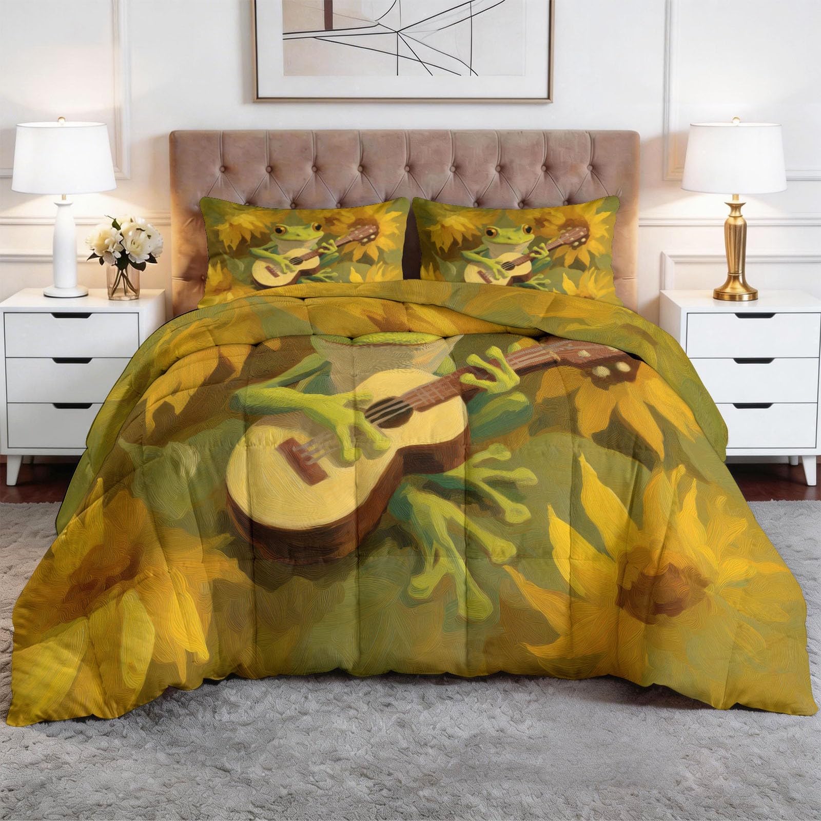 Grüner Frosch Blumen Bettdecke 200 x 200 cm 4 Jahreszeiten Steppdecke, Ölgemälde Waschbare Ganzjahresdecke Kinder Bettwaren Set Kinderzimmer Sonnentraum Bettdecke Ohne Bezug
