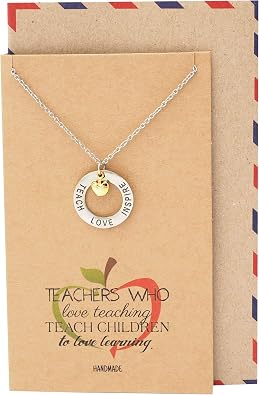 quan jewelry Teacher Necklace, Two-Tone Apple Jewelry, Apple Necklaces for Teacher, Teachers Appreciation Gifts Motivational Charm, Teach Love Inspire and Thank You cards