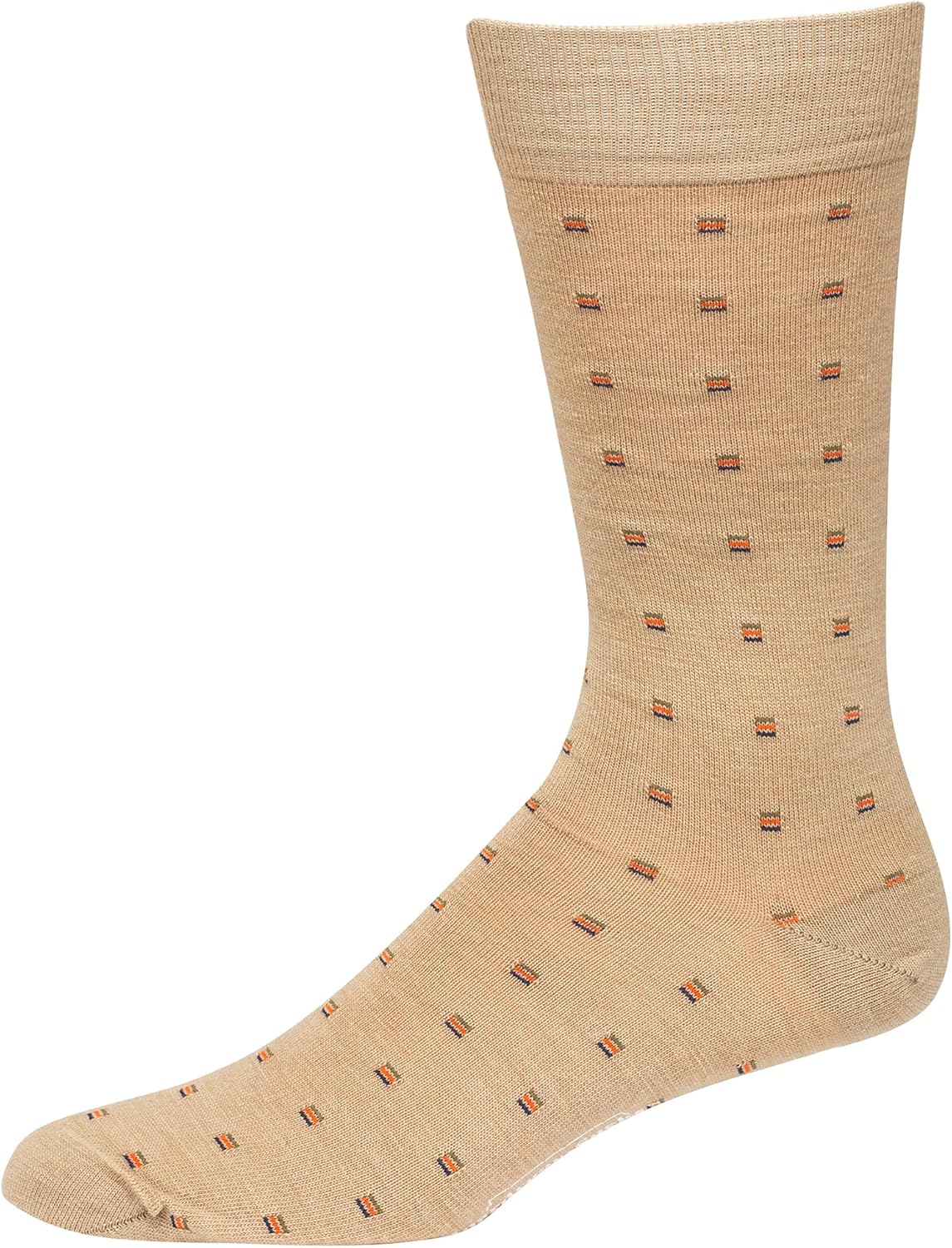 BoardroomSocks Merino Wool Mid-Calf Patterned Socks, Dress Socks for Men, Khaki with Colorful Squares