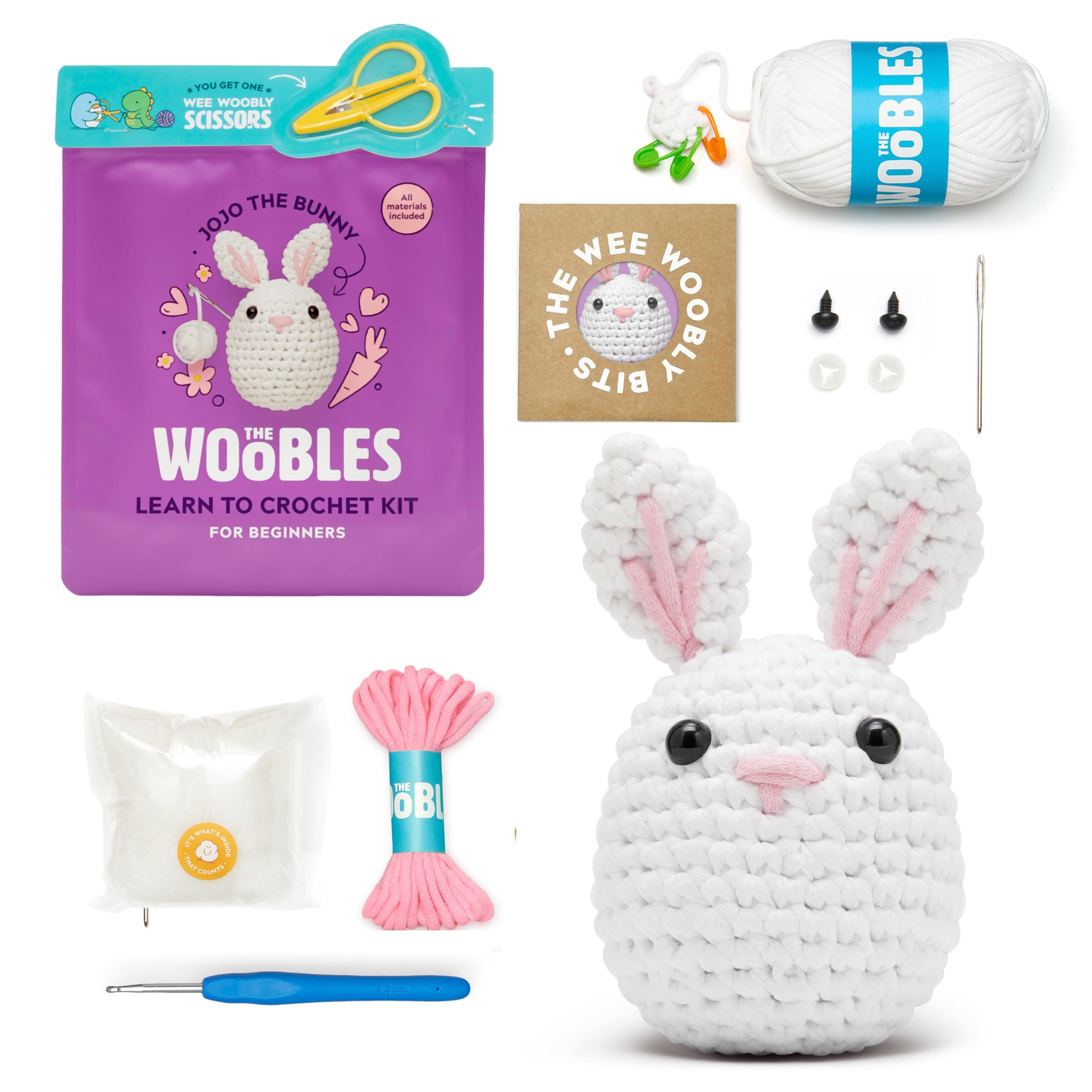 The Woobles Beginner Crochet Kit with Scissors Kit - JoJo the Bunny