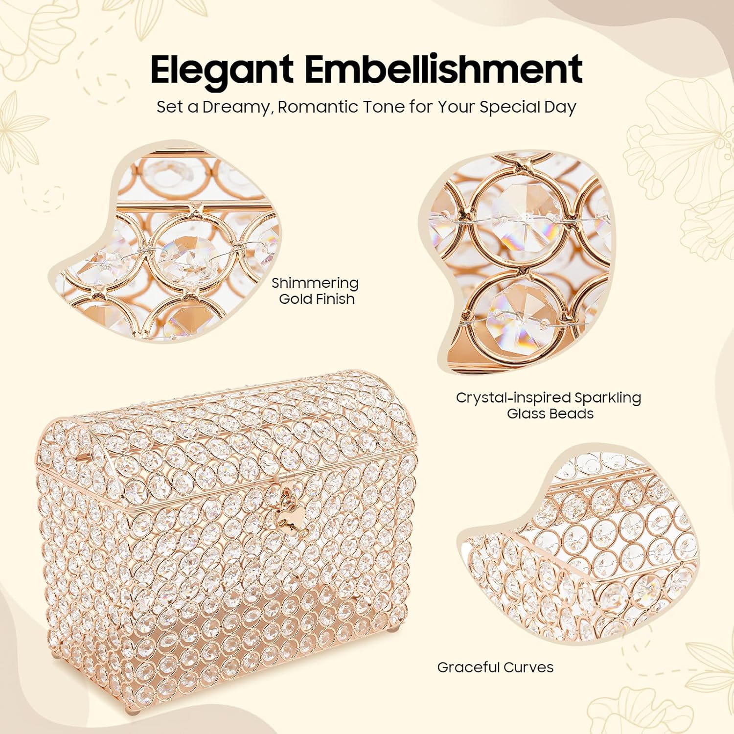 Crystal Wedding Card Box with Heart Lock, Wedding Money Box, Treasure Chest Bead Card Receiving Box for Reception, Graduation, Keepsake Display, Party Centerpiece, 12.2" x 6.3" x 9.8", Gold