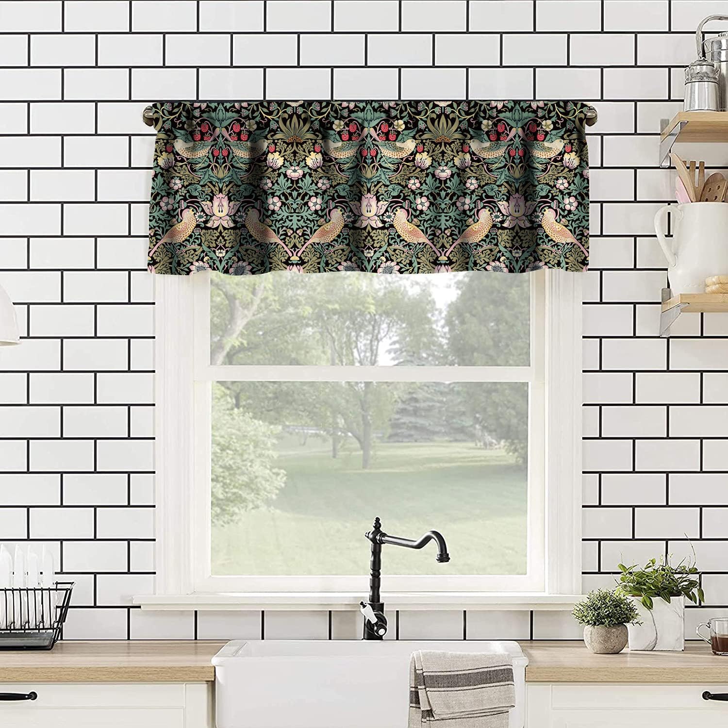 William Morris Kitchen Valance,Retro Flower Strawberry Thief Floral Printed Small Window Treatments for Kitchen Living Room Bathroom Cafe Decor Rod Pocket Vintage Valances 54x18 Inch, 1 Panel