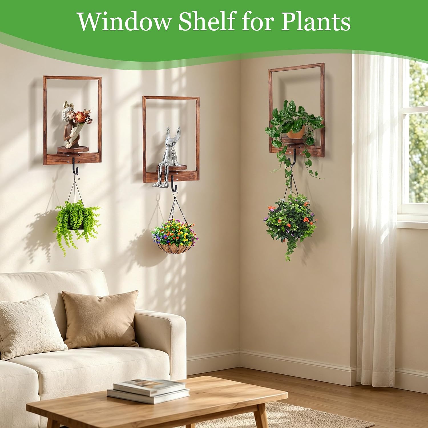 3 Pack Solid Wood Hanging Planters for Indoor Plants Wall Decor with Hooks image 2