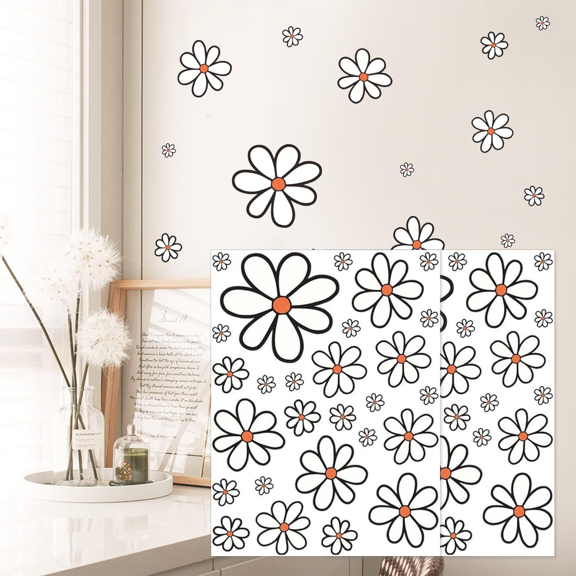 Bohemian Flower Wall Stickers, Floral Wall Decals DWUENT Black White Orange Daisy PVC Peel and Stick Wall Art for Living Room Bedroom Kitchen Home Decor (20x15cm)，54pcs，2PCS