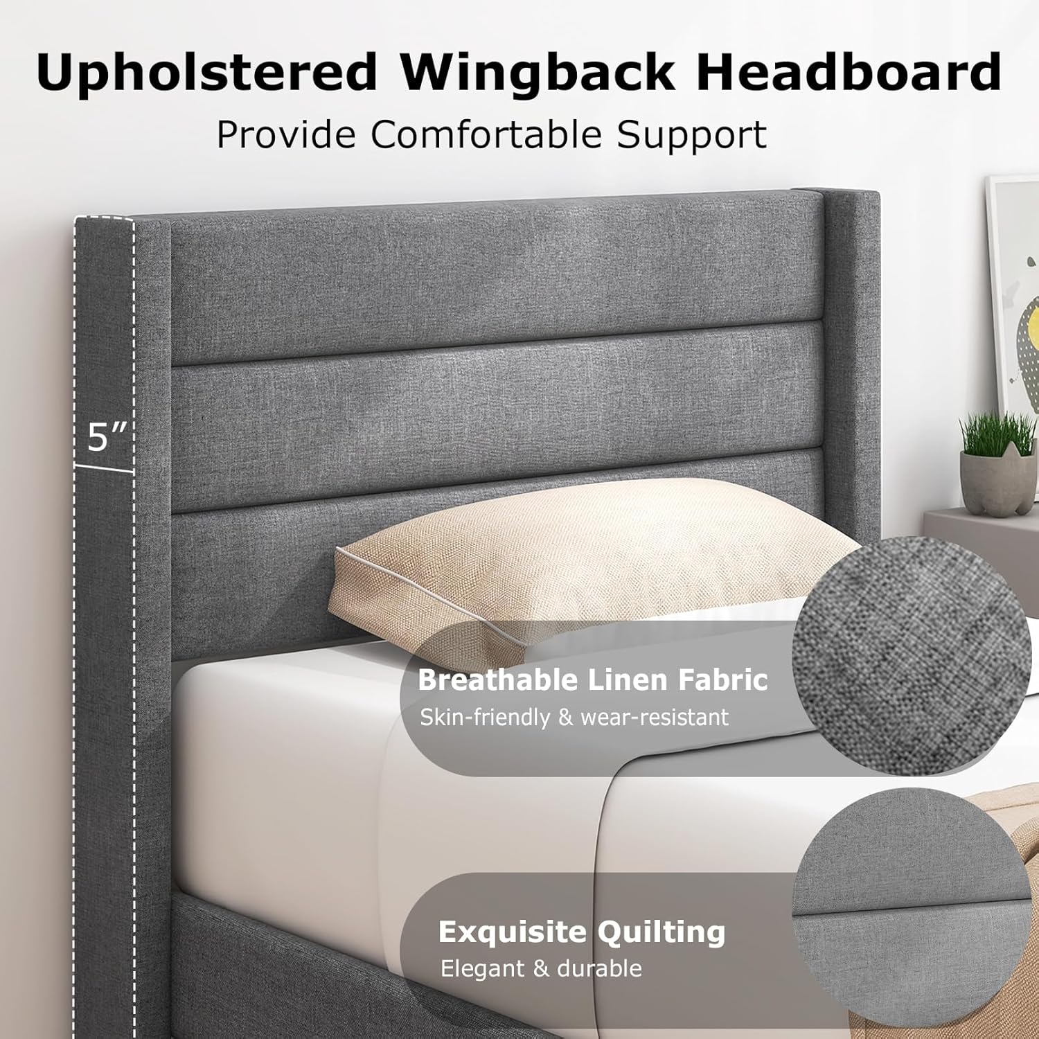 MAT EXPERT Twin Bed Frame, Wooden Twin Size Bed Frame with Upholstered Wingback Headboard & Under-Bed Storage Space, Platform Floor Bed for Family, No Box Spring Needed, Grey (Twin)