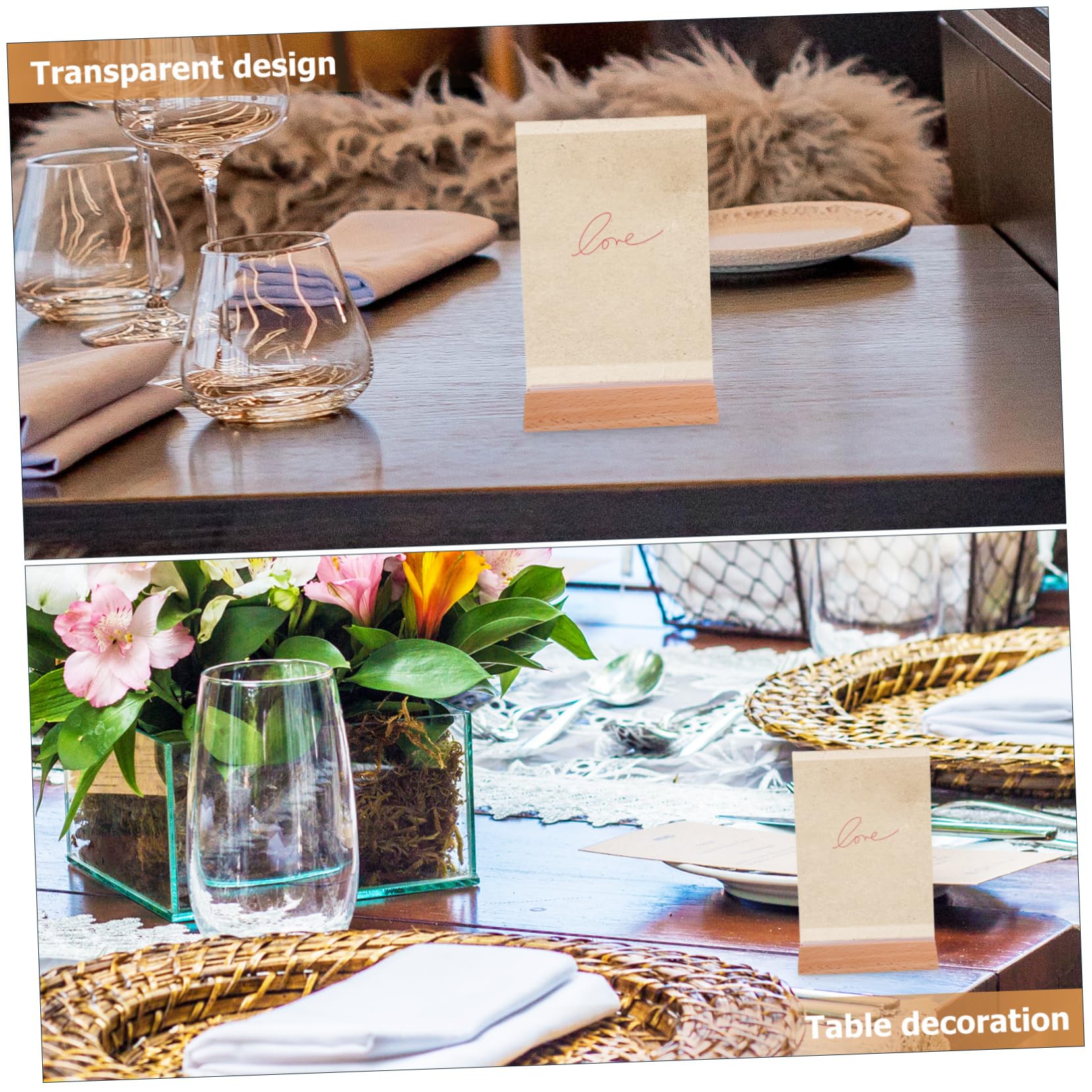 6 piezas Soporte de Señal Acrílico Doble Cara Transparente con Base de Madera de Haya de Unidades para Menús y Exhibición de Carteles Mesas Resistente y para Oficina y Restaurante
