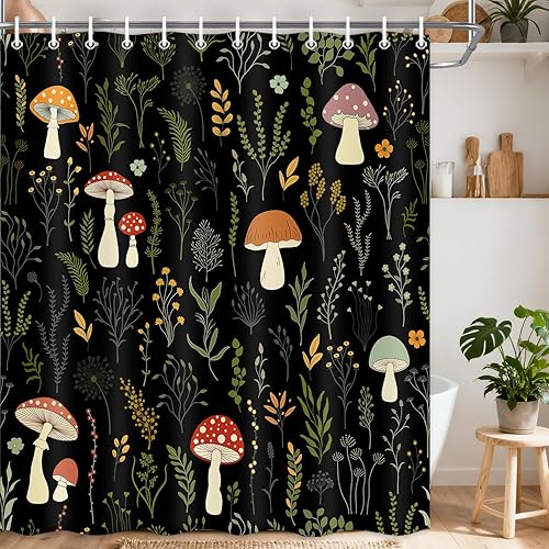 Miniatura 11 de DYNH Bonita cortina de ducha de hongos, cortina de bañera con hojas verdes botánicas florales bohemias, flores retro, decoración de baño con