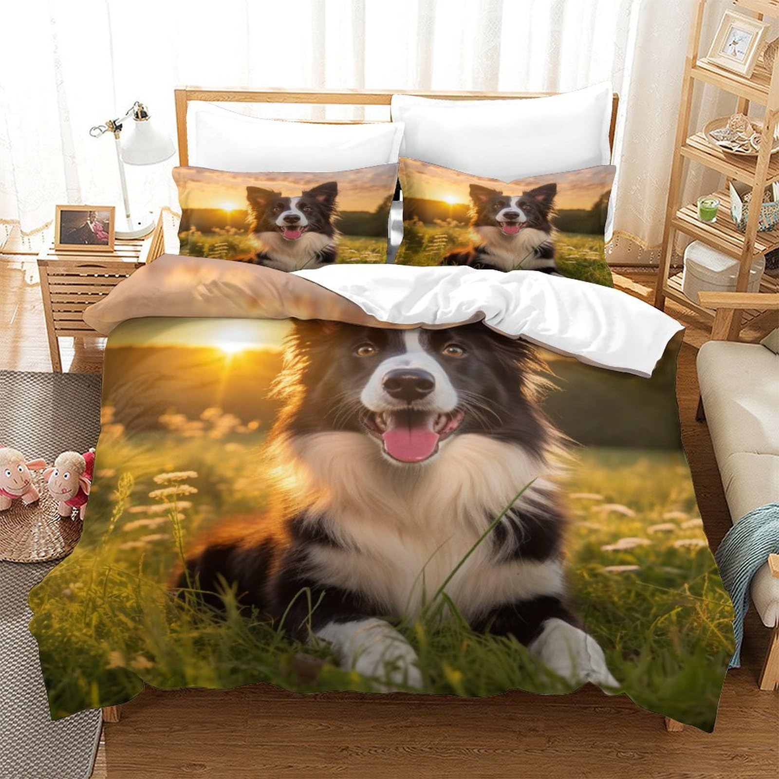 Perro Border Collie Funda Nórdica Funda De Edredón para Dormitorio Impresión 3D DigitalAnimales Pet Juego De Cama con Cremallera Microfibra Y Funda De Almohada 3 Piezas Super King（260x220cm）