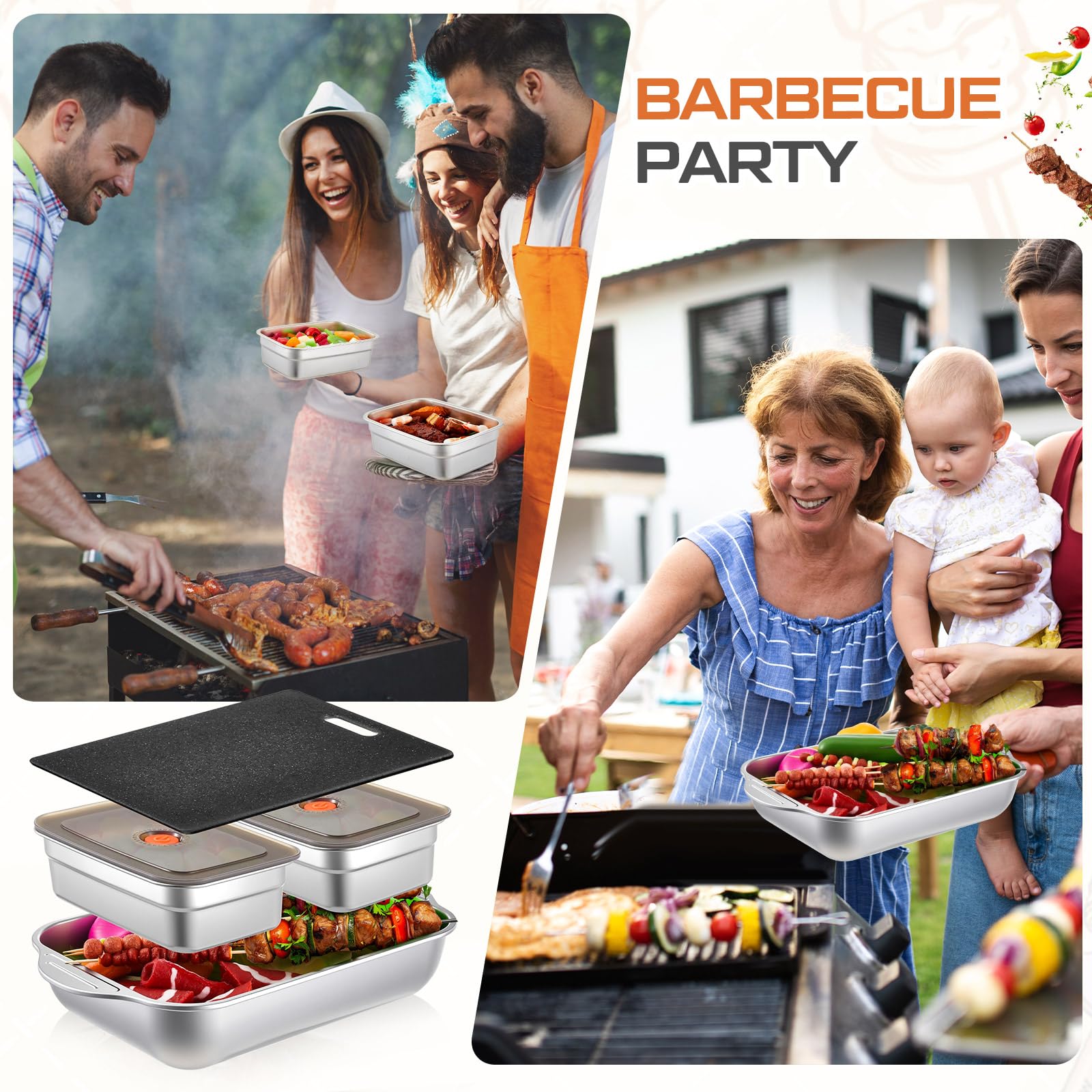 El juego de 4 bandejas de preparación de parrilla incluye bandejas de acero inoxidable para preparar y servir para parrilla de 15.8 x 9.7 pulgadas, 2 recipientes de adobo con tapas y tabla de